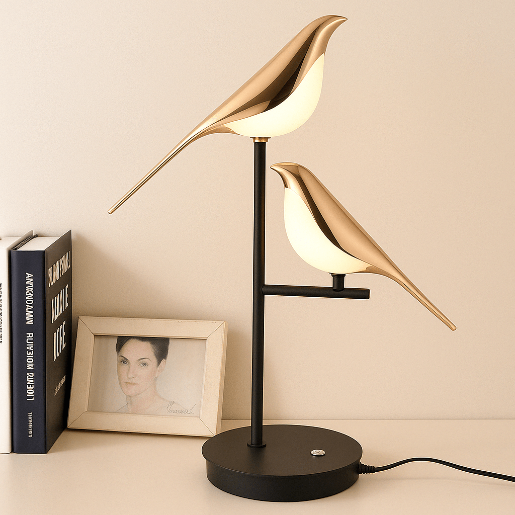 Moderne Tafellamp Goud met Vogelmotief en LED Verlichting – Elegante Nachtkast Lampje voor Woonkamer en Slaapkamer
