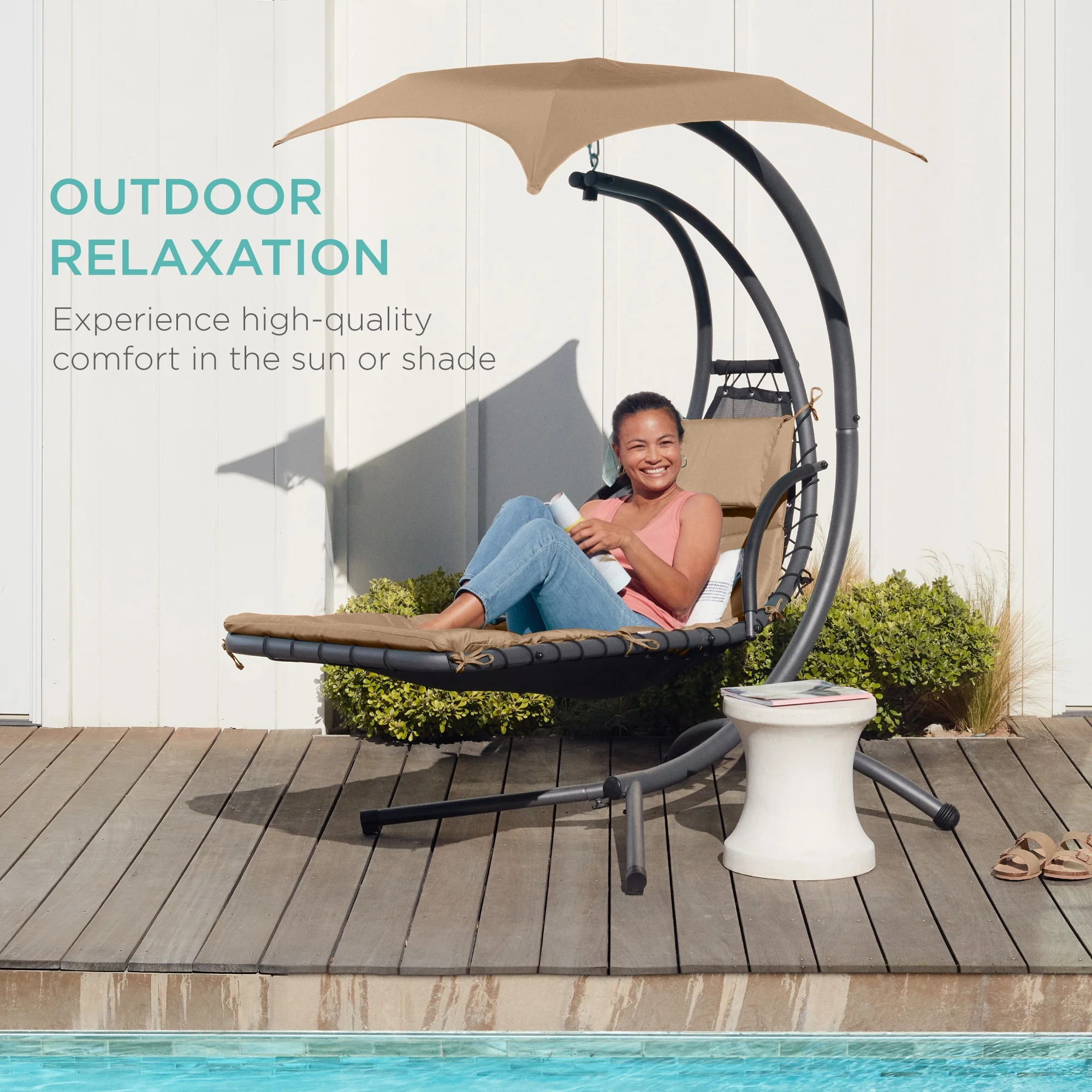 Best Choice Products Hanging Curved Chaise Lounge Chair Swing for Backyard, Patio w/ Pillow, Shade, Stand - Teal - Image 29