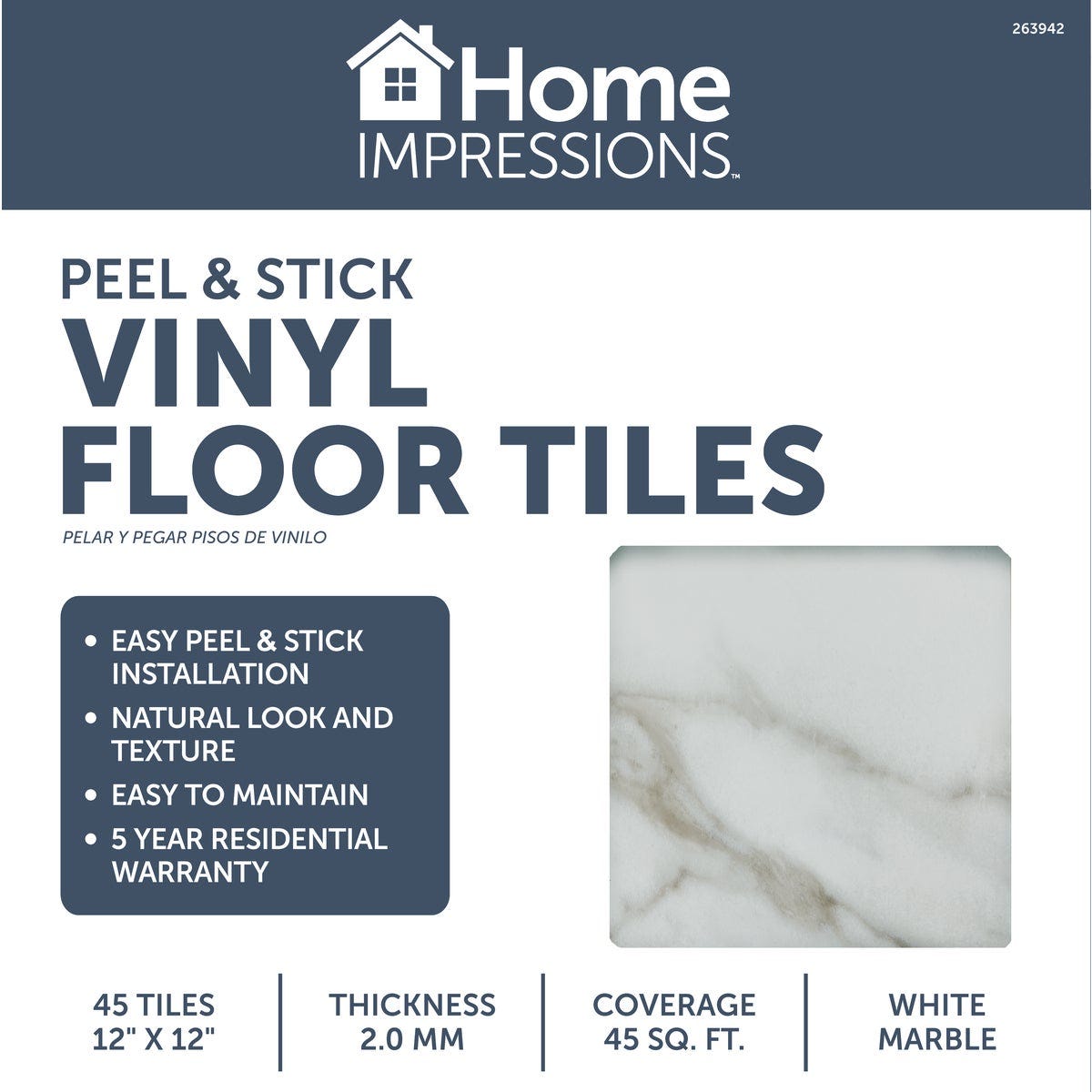Home Impressions White Marble 12 In. x 12 In. Vinyl Floor Tile (45 Sq. Ft./Box)