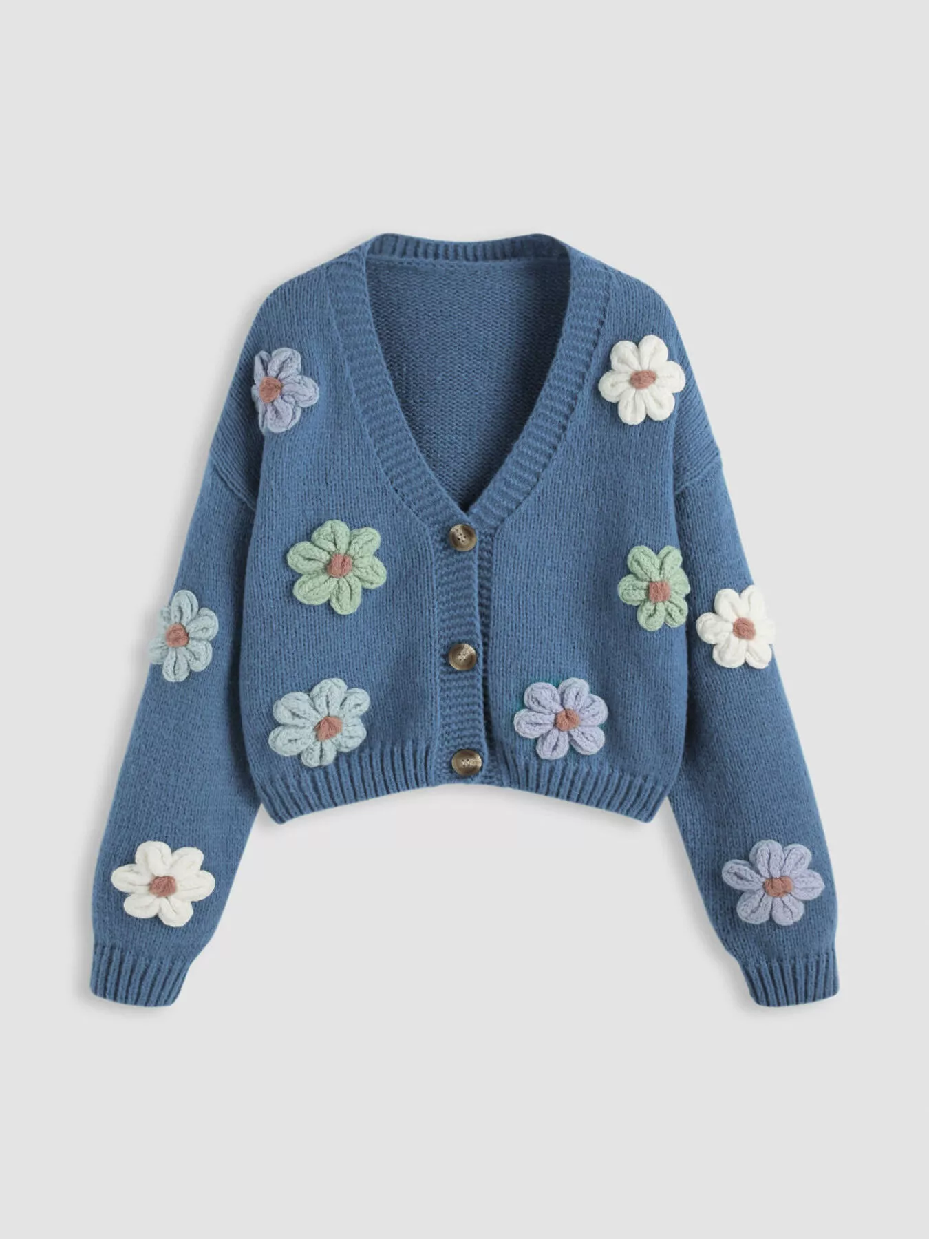 Floral Applique V-Neck Knit Cardigan - ZKZOOK
