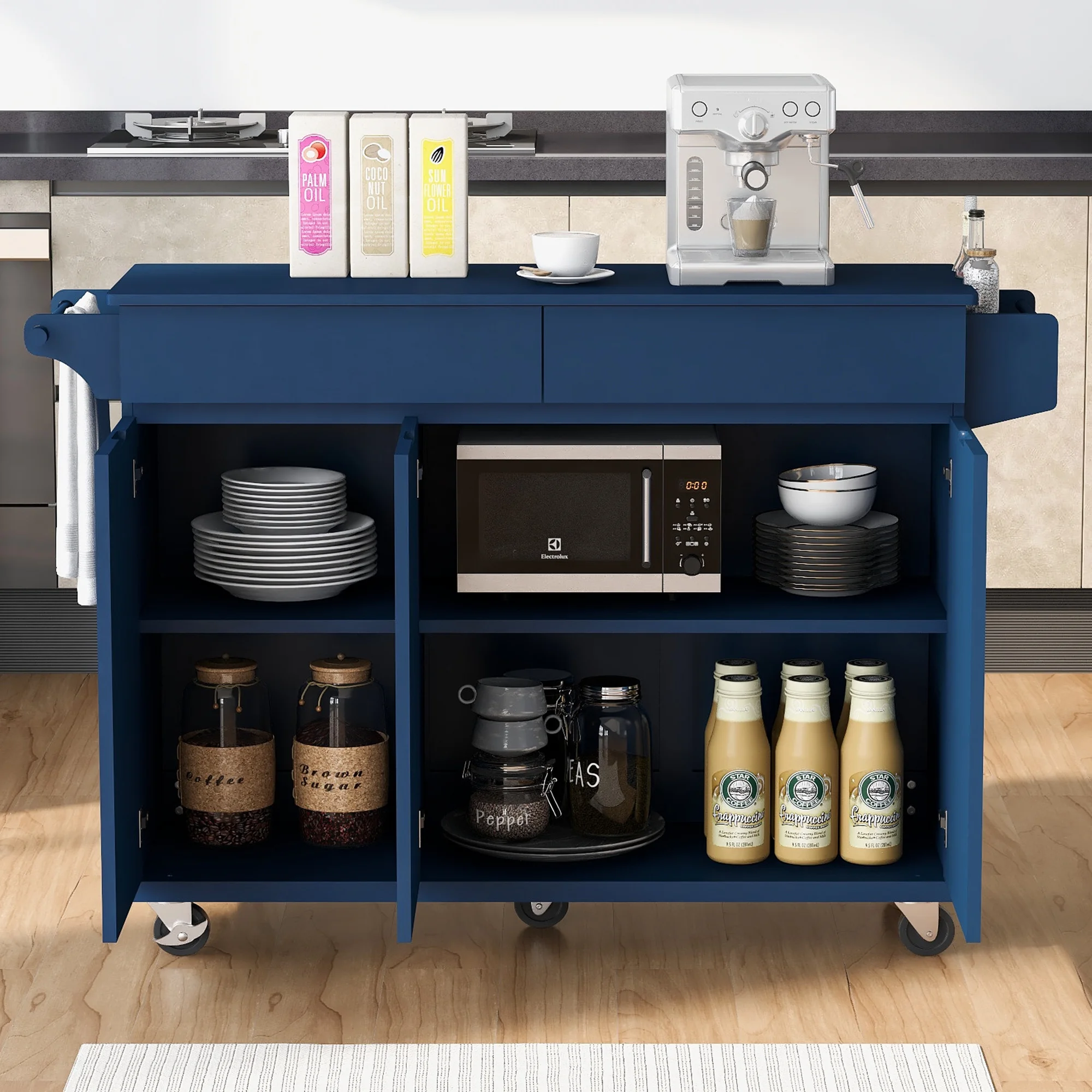 53.2''  Kitchen Island with Drop Leaf, Kitchen Storage Cart with Spice Rack, Towel Rack and 2 Drawers, Rolling Kitchen Island on Wheels with Adjustable Shelves, Navy Blue