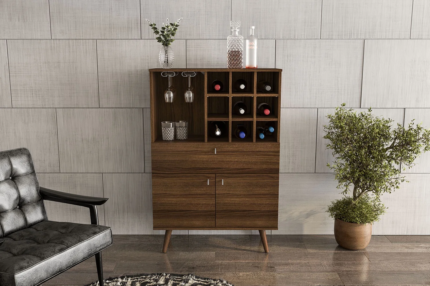 Polifurniture Salamanca Modern Bar Cabinet with Wine Rack and Glass Holder, Walnut