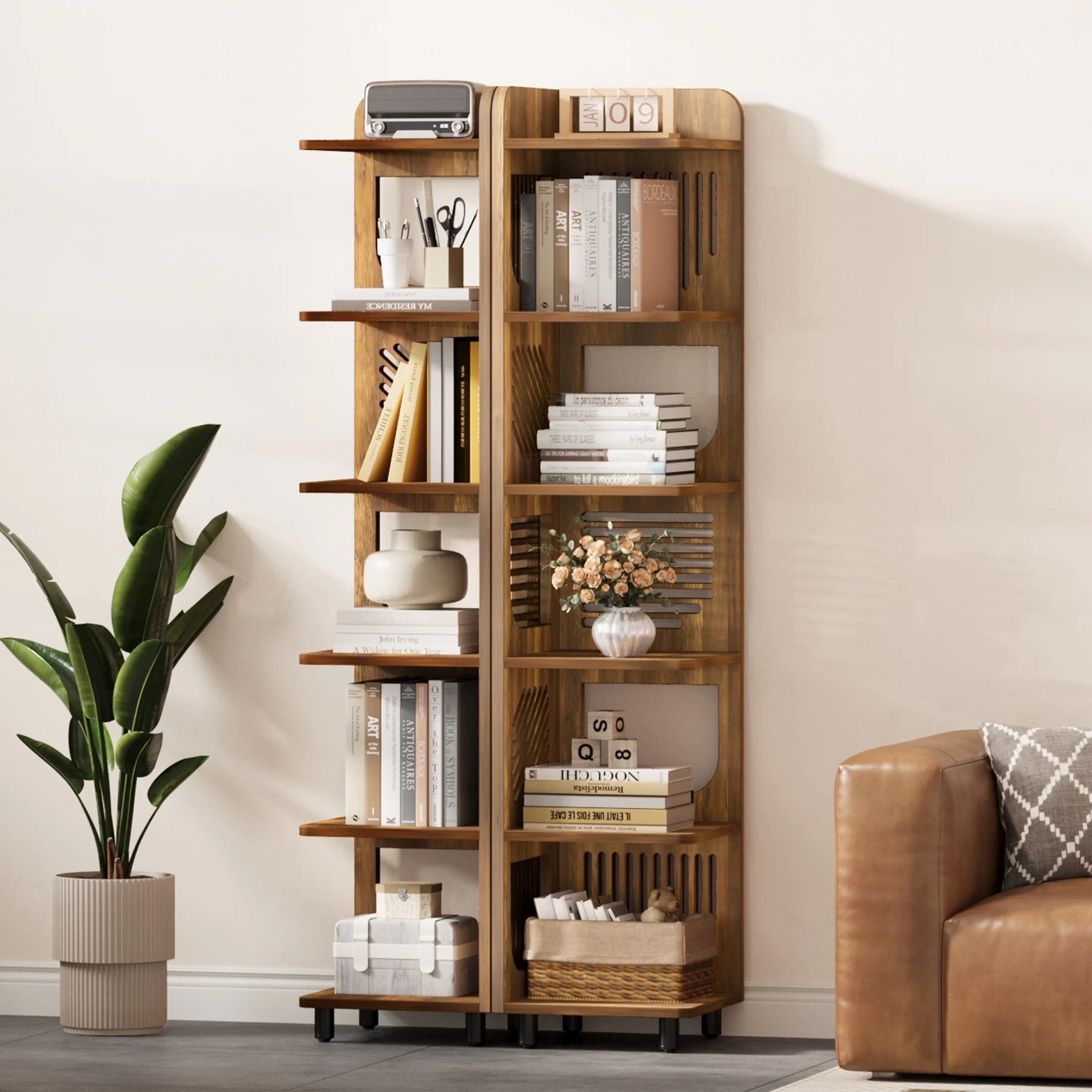 Fnova 71" 6-Tier Tall Corner Bookshelf, Rustic Wooden Narrow Corner Bookcase with Artistic Square Rack, Freestanding Display Storage Shelf for Space-Saving Home Organizing - Image 23