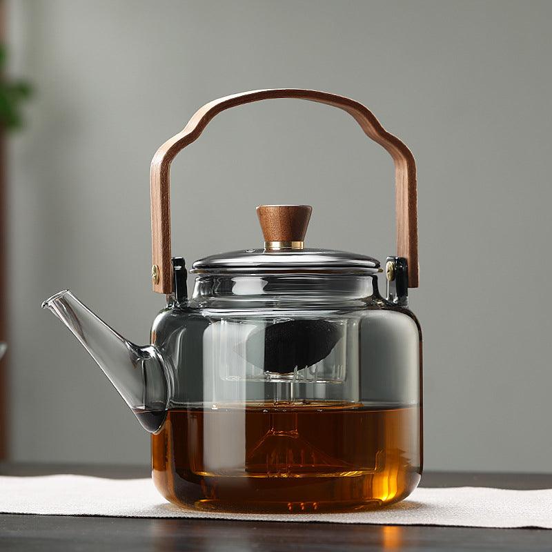 Glazen Theepot met Houten Deksel en Filter – 1,2 Liter Rookglas en Hout voor Een Elegante Thee-ervaring