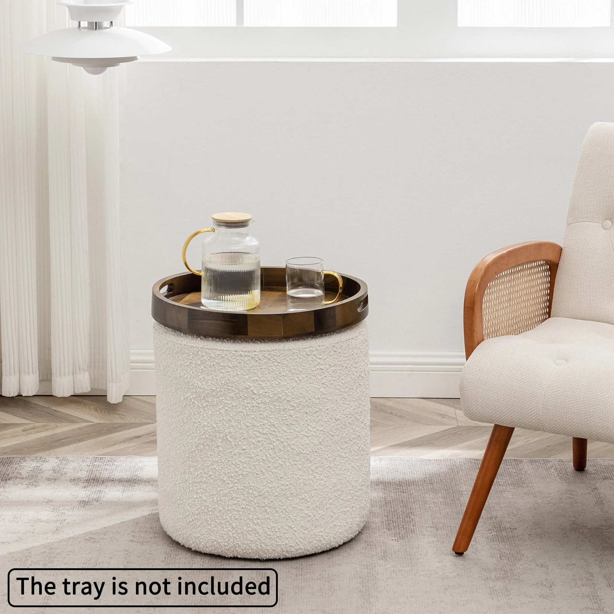 KINWELL  Round Upholstered Pouf Ottoman Footrest 18' x18' x18' - Boucle White 18