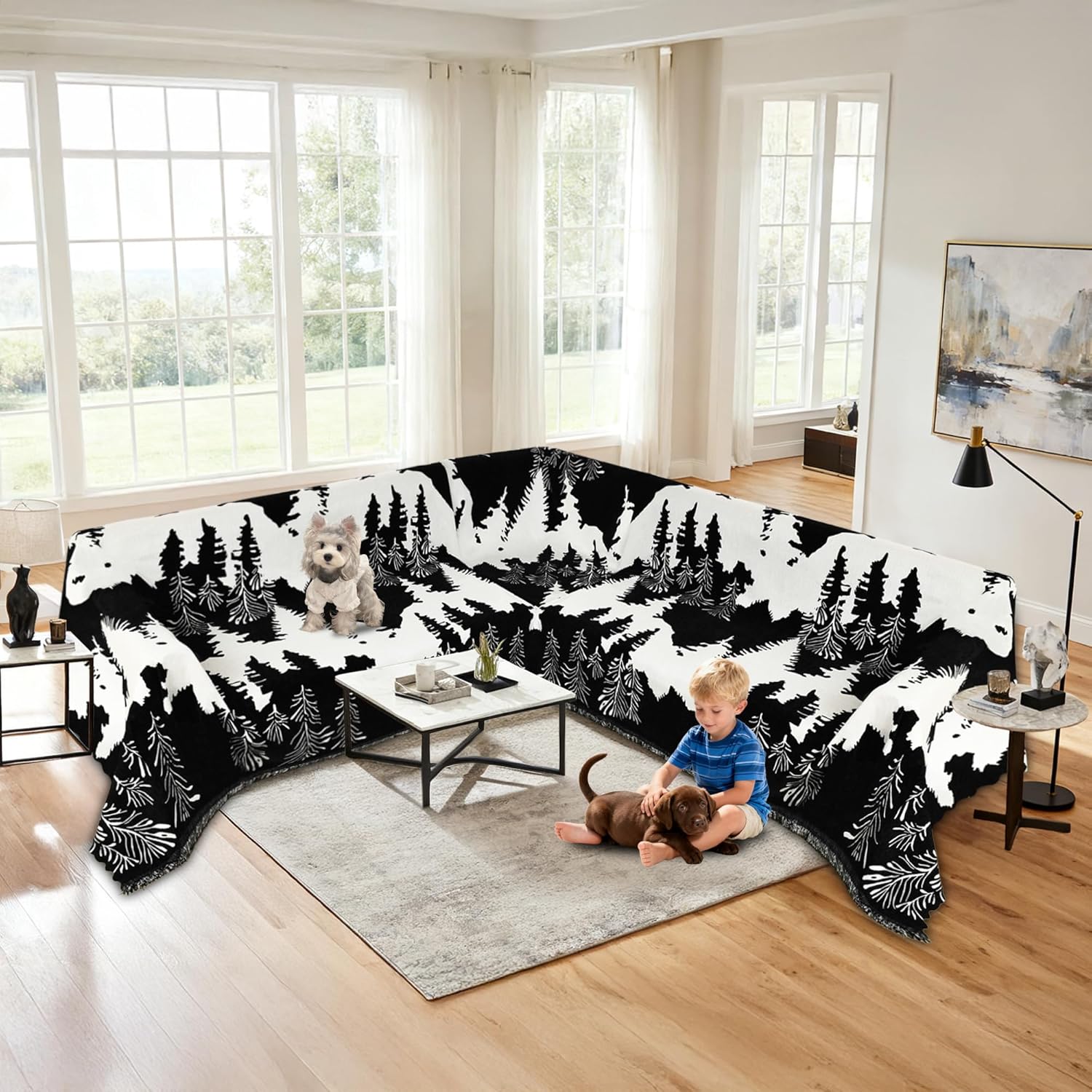 1OO% Waterproof Sectional Couch Covers for Dogs L Shaped Corner Sofa Cover Washable Chenille Sofa Slipcovers Blanket Modern Jacquard Pet Furniture Protector (91