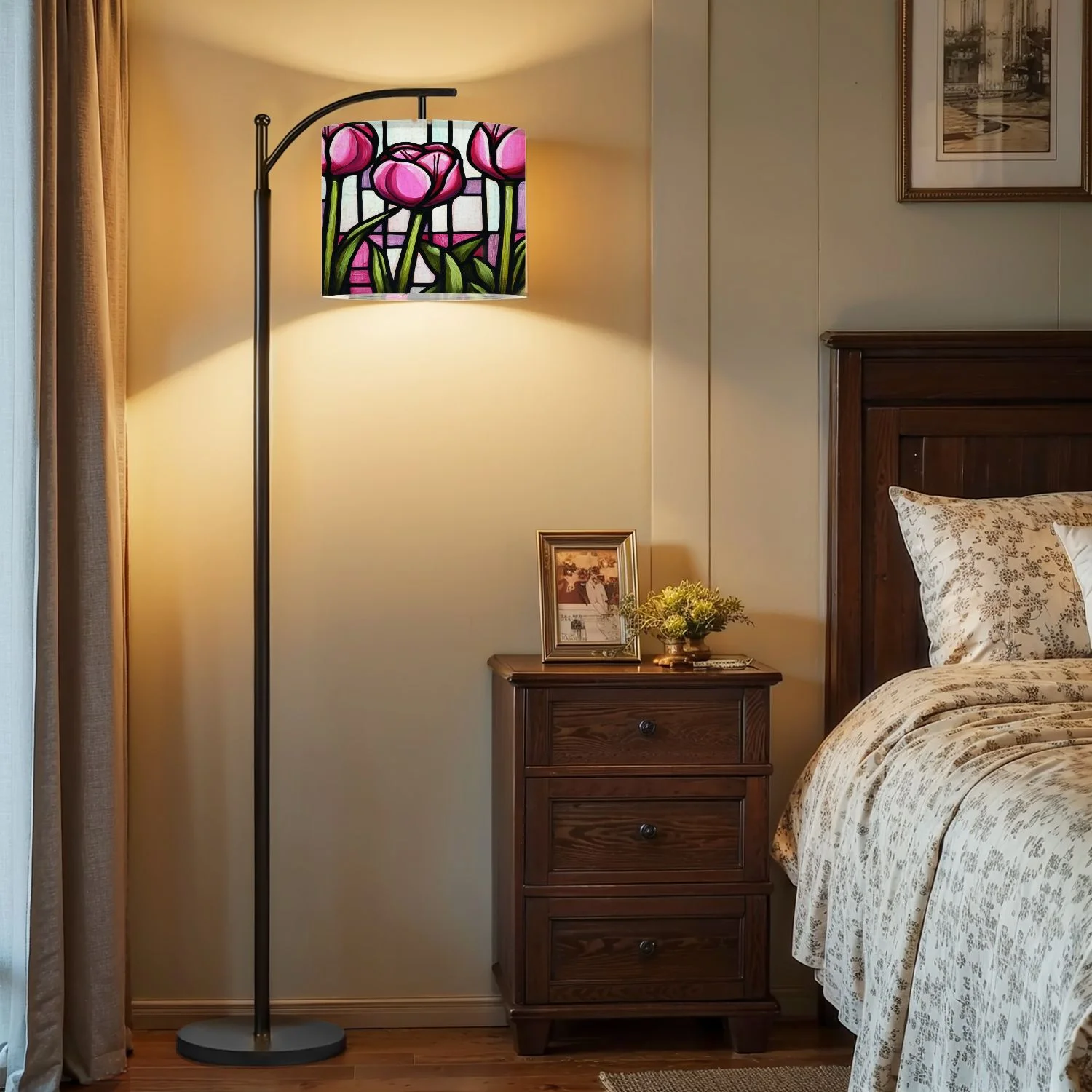 Arc Floor Lamp, 3 Color Temperatures Modern Floor Lamps Flowes Flower Floral Oil Adjustable Tall Standing Reading Lamp with Linen Texture Shade for Living Room, Bedroom, Office
