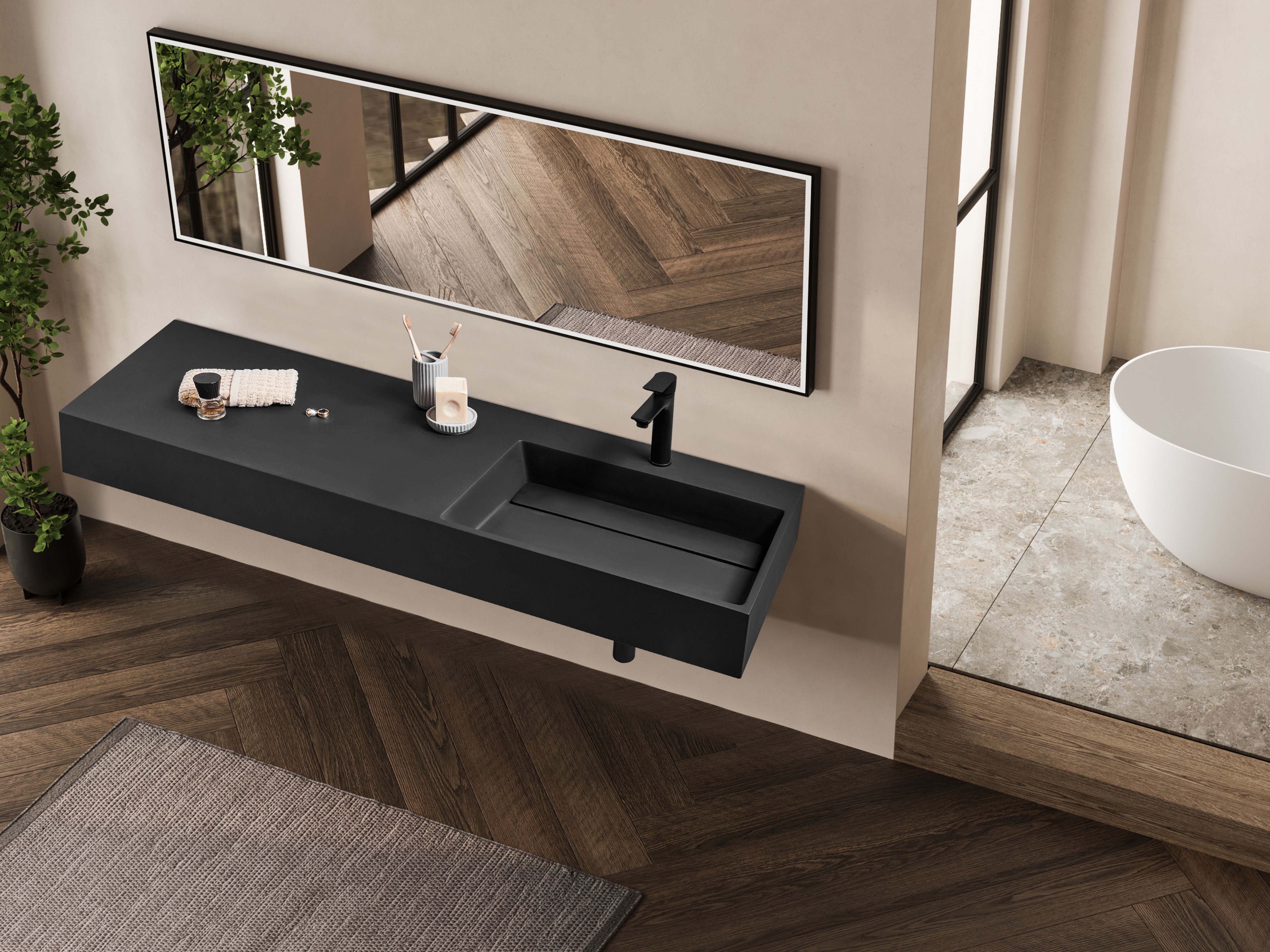 Wall Hung Basin CUSCO 1500 x 480 mm Mineral Cast Black