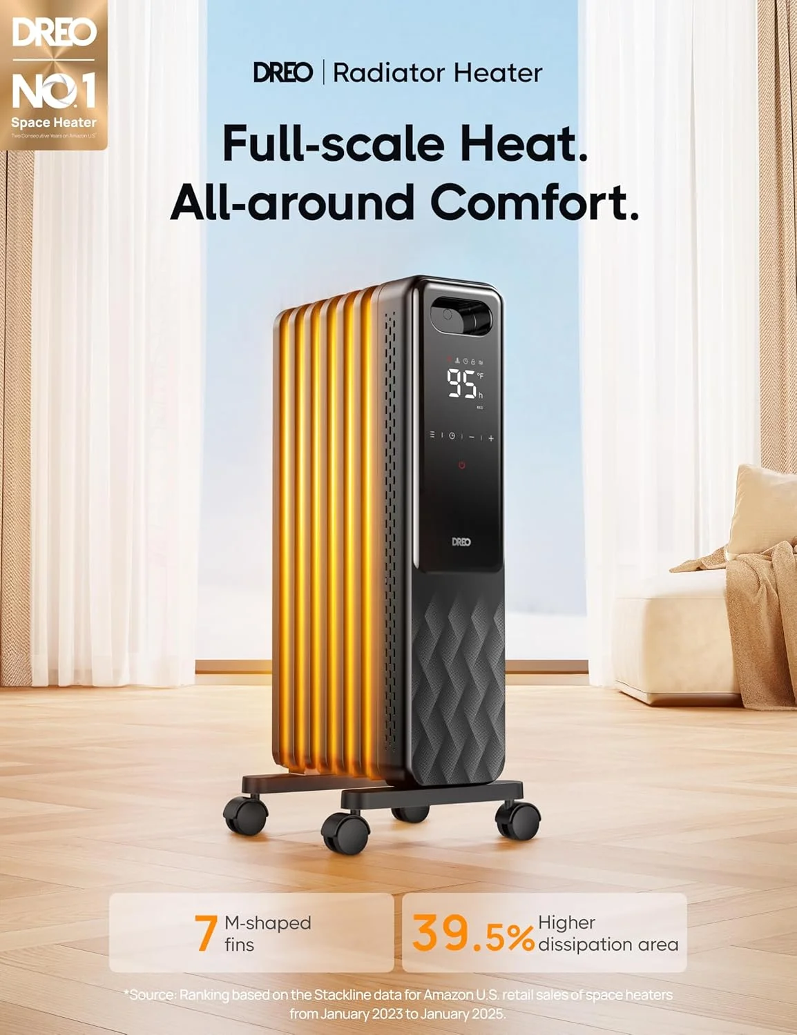 Dreo Oil Filled Radiator, Electric Radiant Heaters for indoor use Large Room with Remote Control, Child Lock, 4 Modes, Overheat & Tip-Over Protection, 24h Timer, Digital Thermostat, Quiet, 1500W - Image 7
