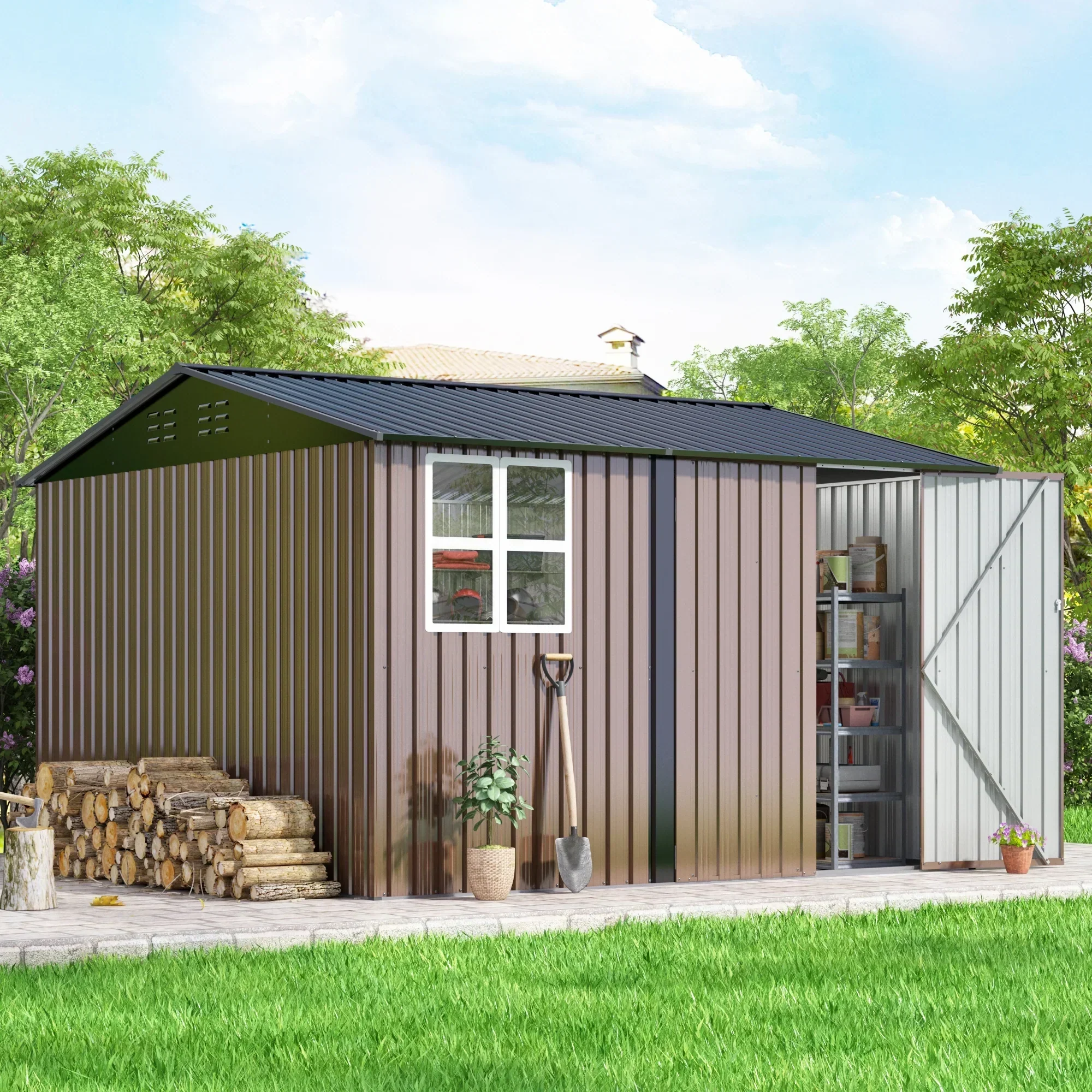 JAXPETY 10 x 10 ft Outdoor Metal Storage Shed With Window And Lockable Door - Brown - Image 2 JAXPETY 10 x 10 ft Outdoor Metal Storage Shed With Window And Lockable Door - Brown - Image 2