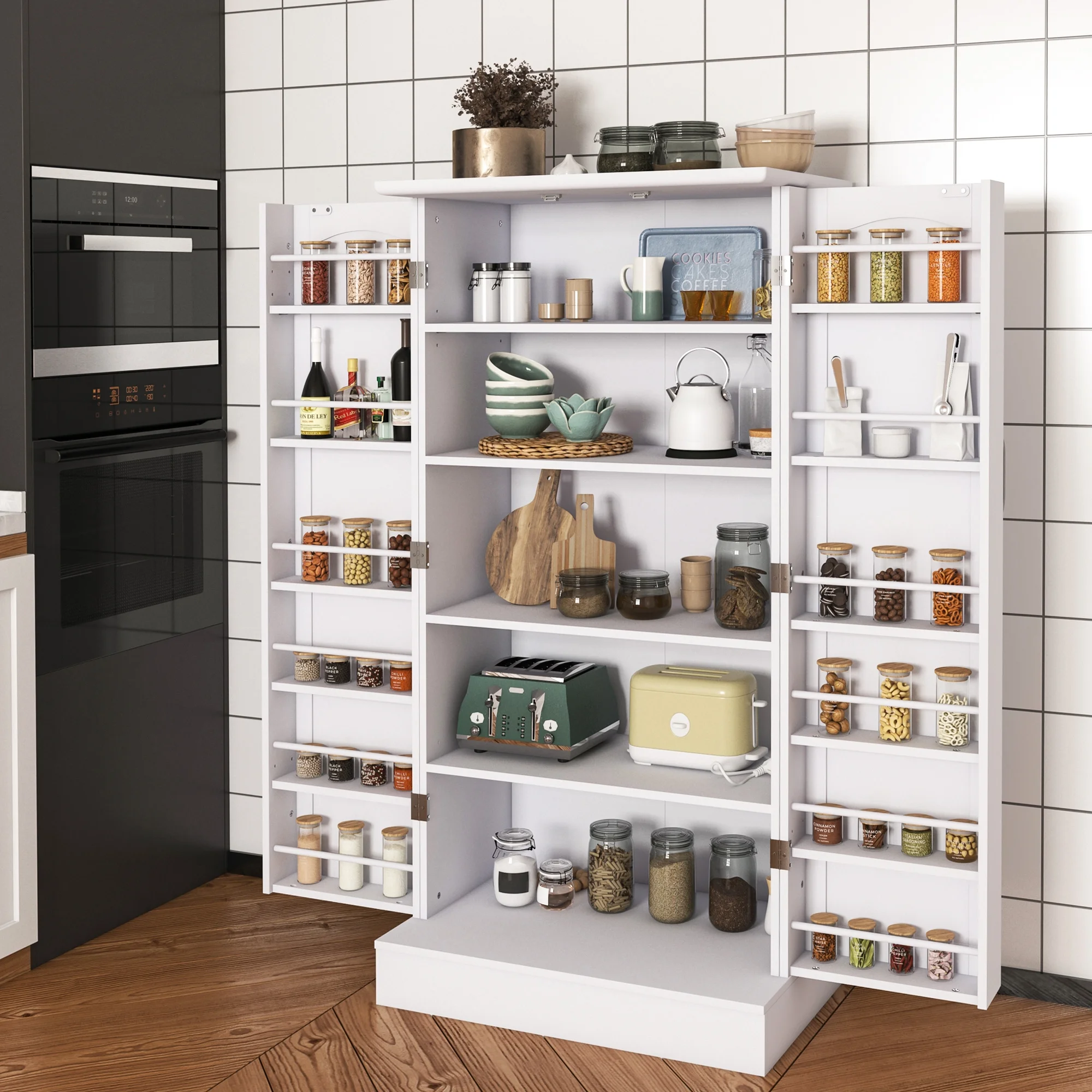 47 Kitchen Pantry Cabinet, White Buffet Cupboards Sideboard with Doors & Adjustable Shelves, Kitchen - Image 9