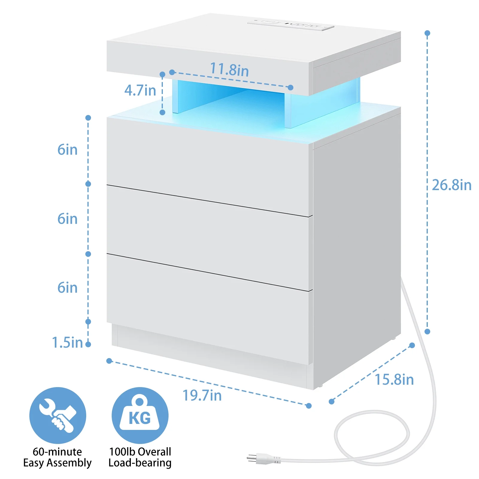 Hommpa LED Nightstand Wireless Charging Station USB Type C Outlets Bedside Table 3 Drawers Black Night Table Modern Smart Nightstand High Gloss End Side Table for Bedroom Furniture 26.8" Tall - Image 38