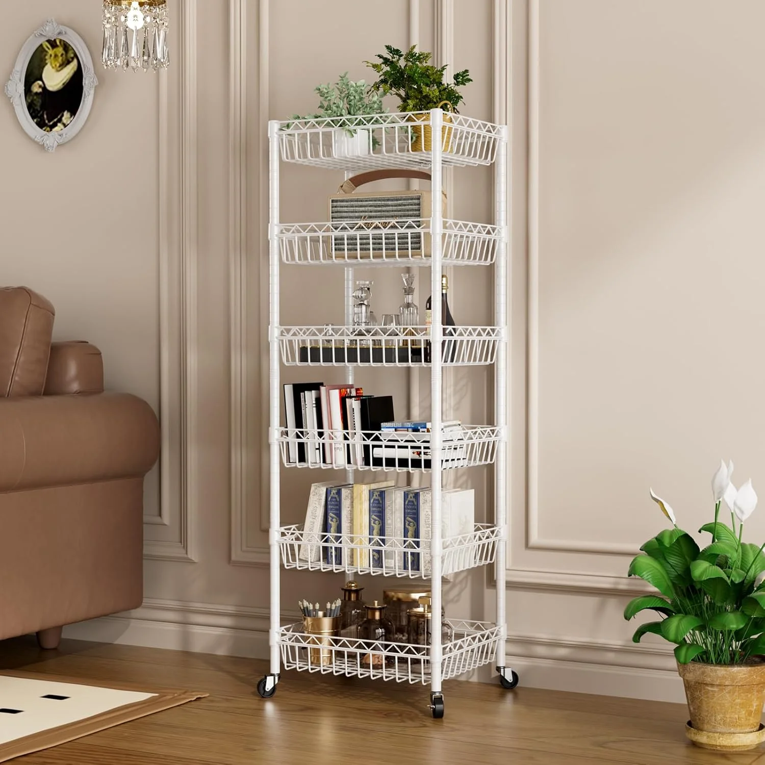 6 Tier Wire Shelving Unit with Wheels Baskets Storage Rack Corner Shelves Adjustable Shelf Closet Bathroom Organizers Metal Pantry Kitchen Garage Laundry Room 13.5