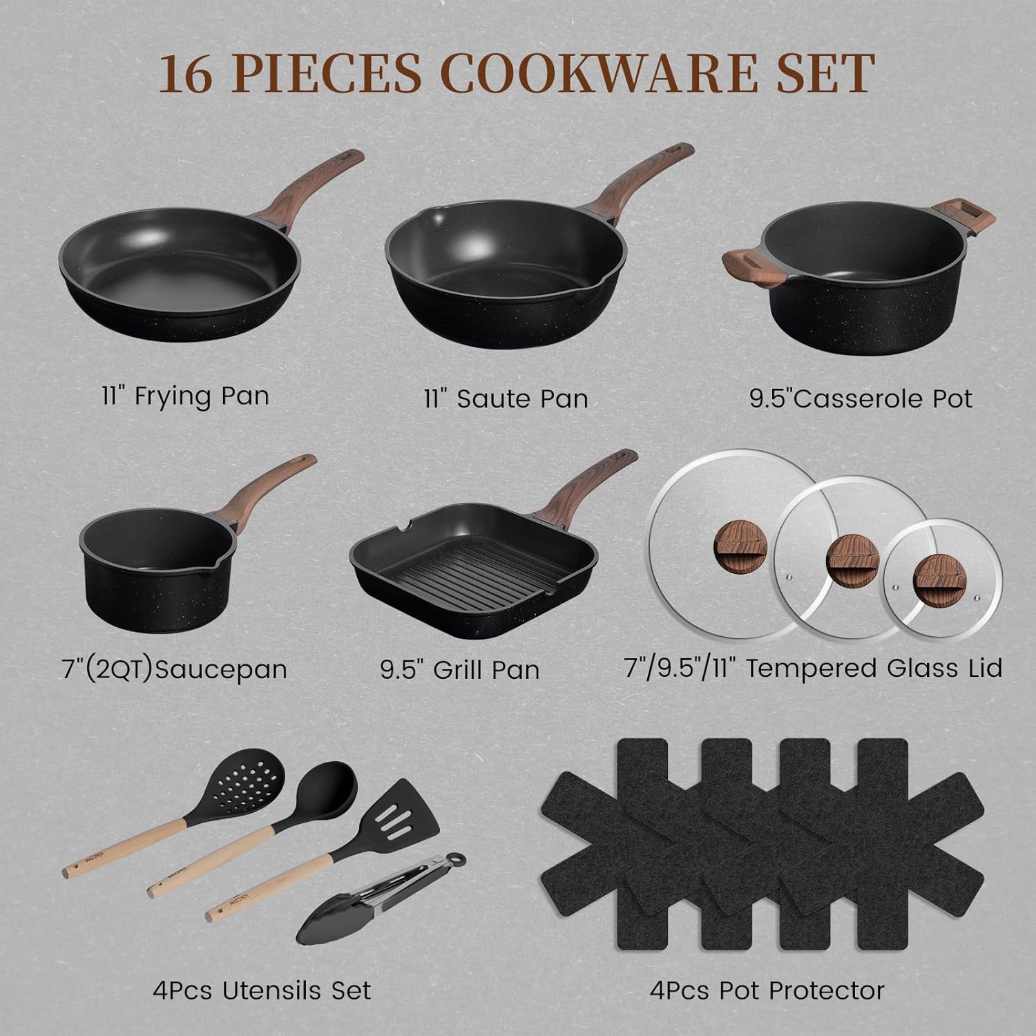 Kikcoin 16Pcs Ceramic Pots and Pans Set Non Stick, Includes a 9.5