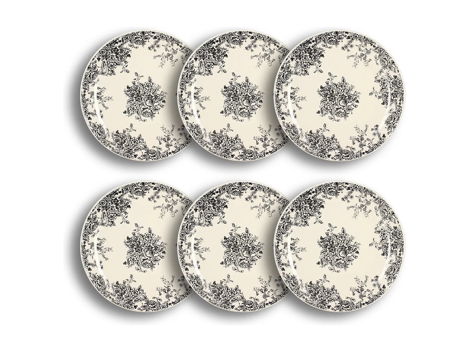 Novastyl - Lot 6 Assiettes Plates Florali 26cm En Grès Décor Noir