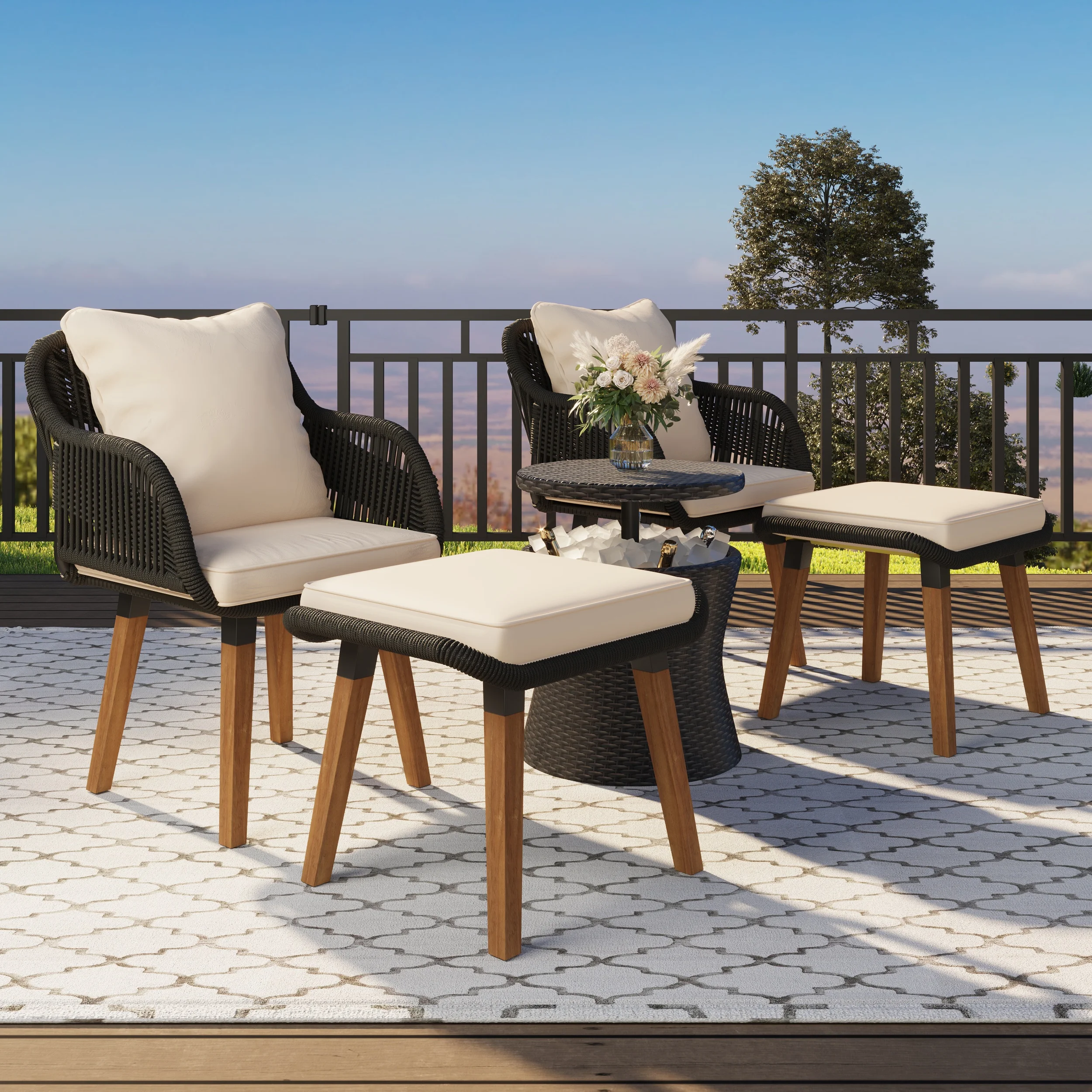 Segmart 5-piece rattan outdoor chair set, patio furniture combination, the same wicker bar table, comfortable footstool and cushion, black