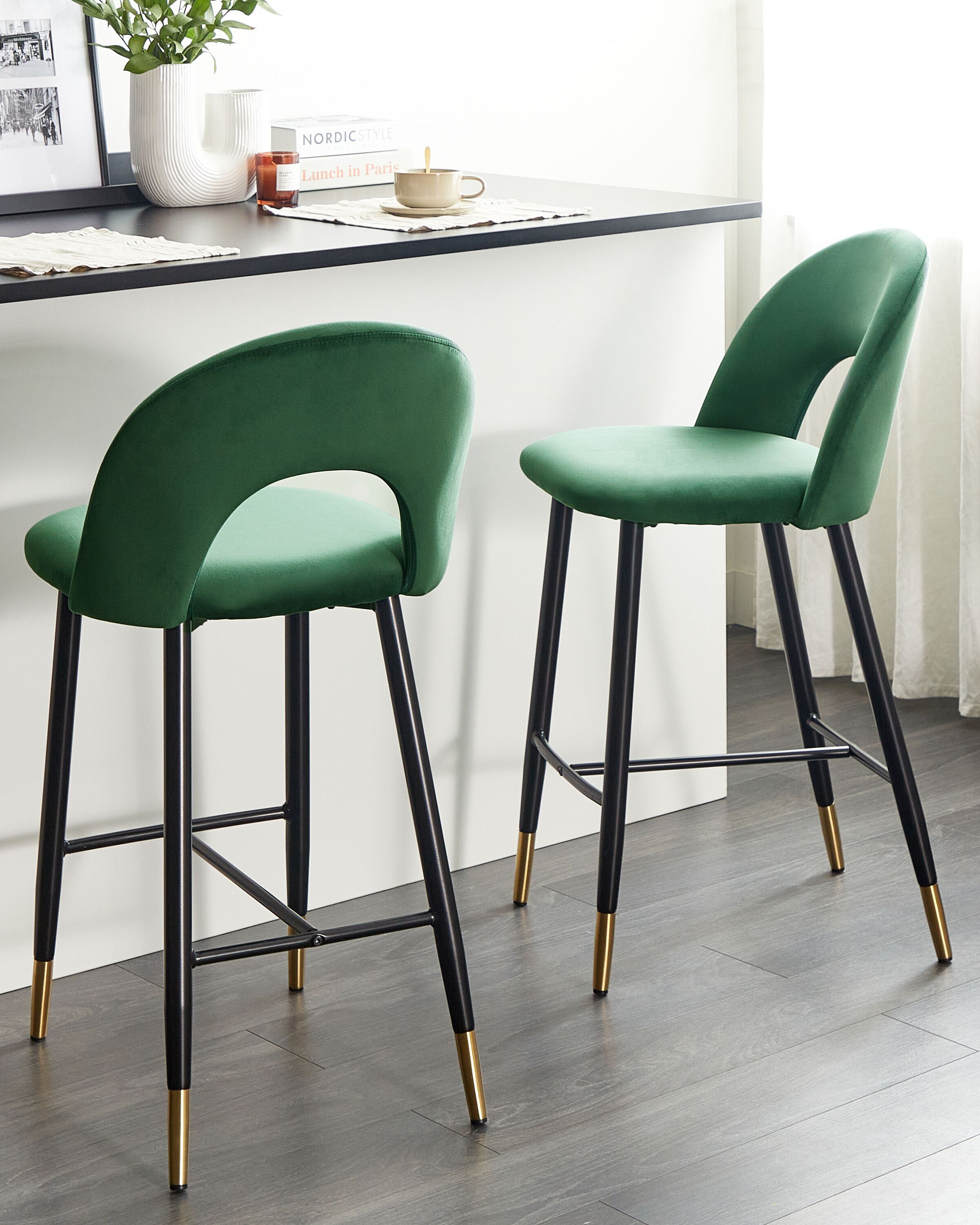 Set of 2 Bar Chairs FALTON Velvet Emerald Green
