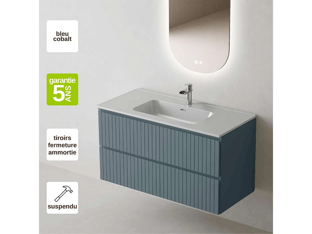 Meuble Salle de Bain GLOW 100cm, Plan Vasque Céramique, 2 Tiroirs, Laqué Bleu Cobalt, H 54cm x P 45cm