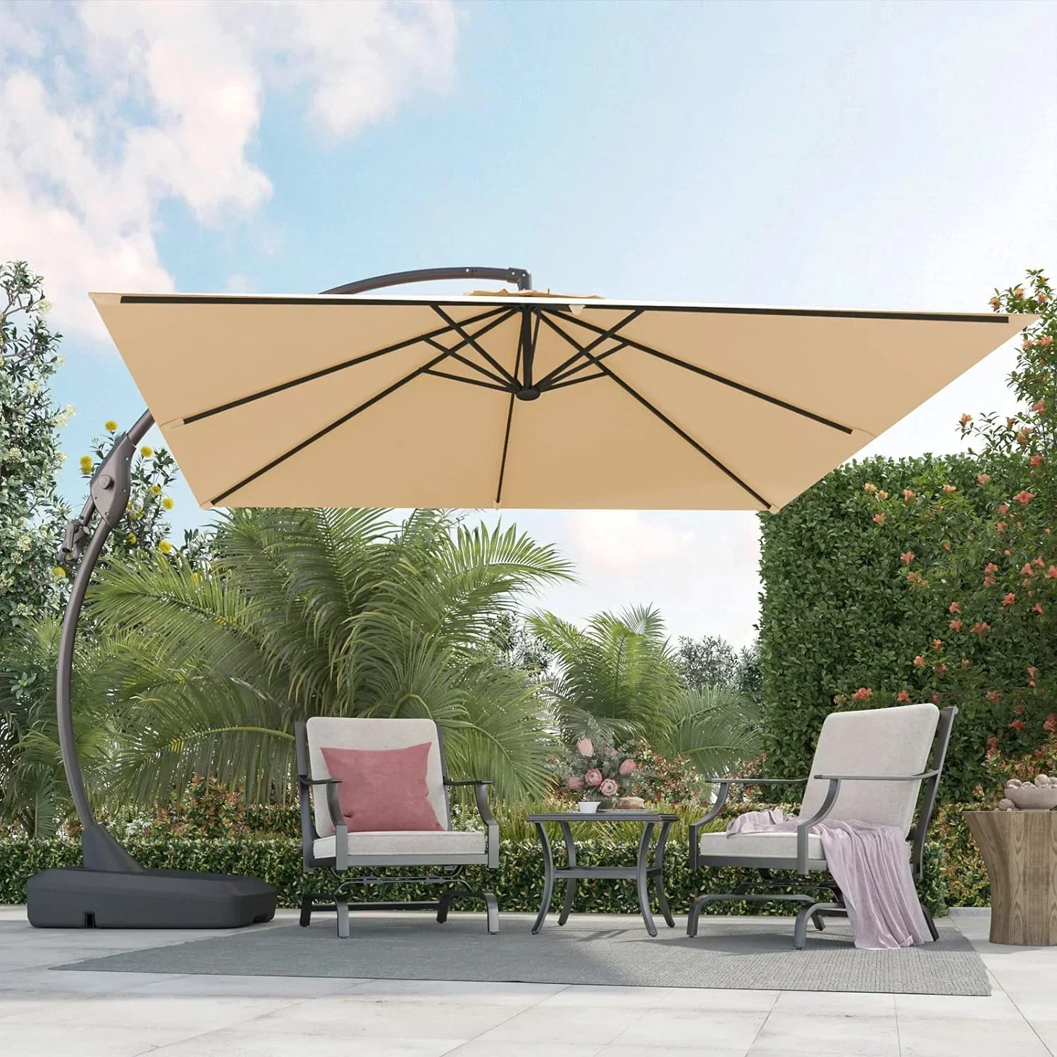 Grand Patio 10x10 ft Deluxe Aluminium Offset Umbrella With Base, Champagne - Napoli - Image 3 Grand Patio 10x10 ft Deluxe Aluminium Offset Umbrella With Base, Champagne - Napoli - Image 3