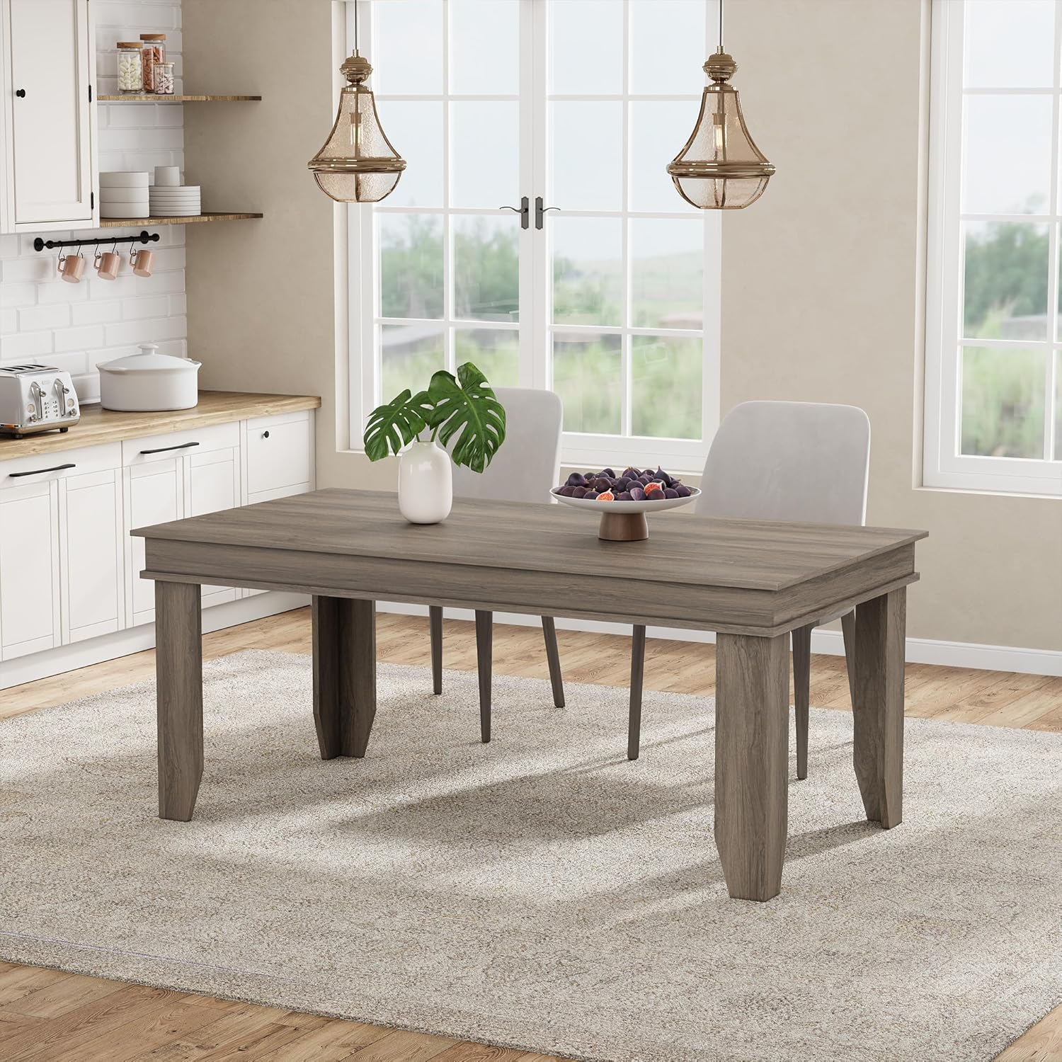 GarveeHome Farmhouse Dining Table for 4-6 People, 63 in Long Kitchen Tables with Wooden Sturdy Frame, 5 ft Large Rectangular Dinner Table for Dining Room, Kitchen, Grey Walnut, 63