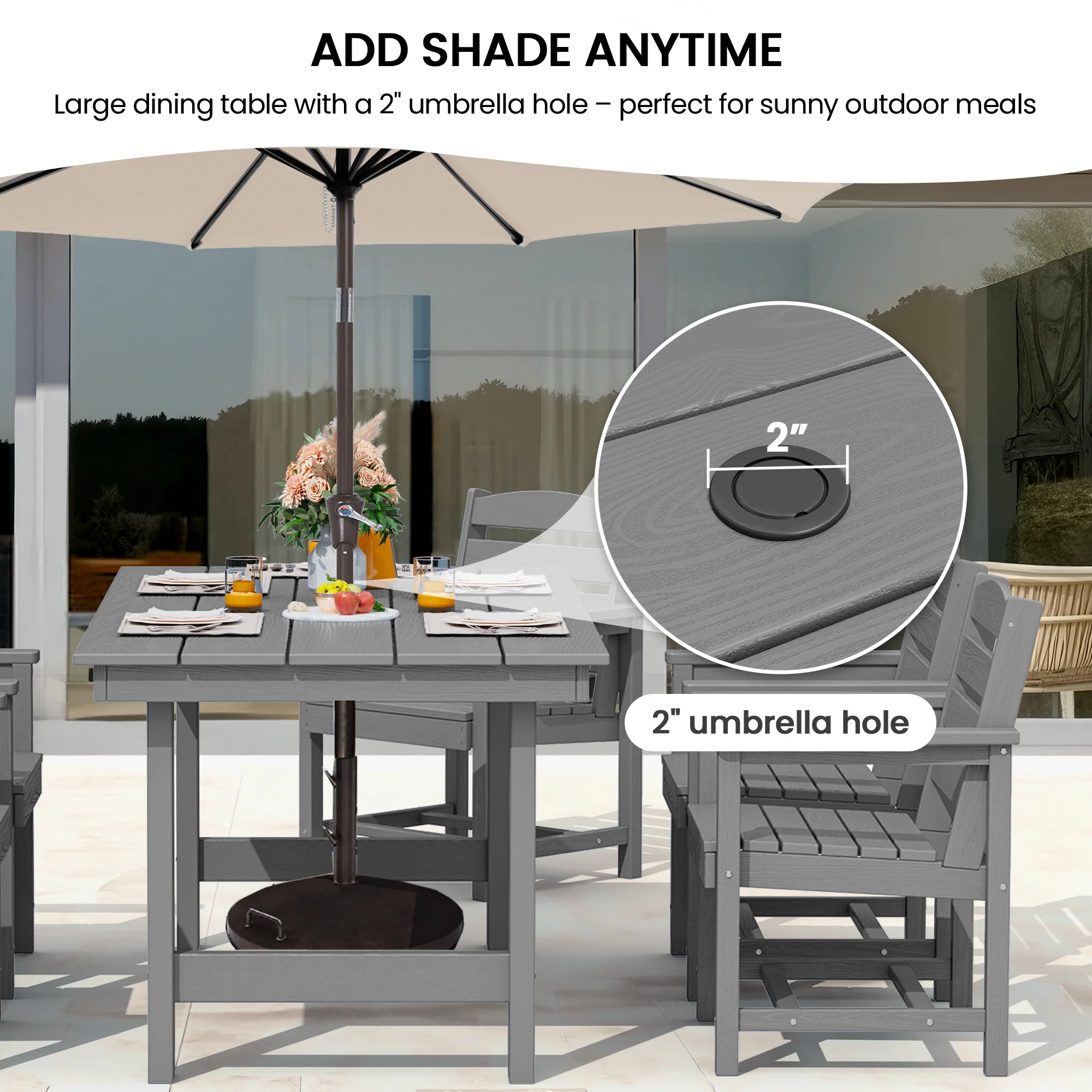KINGYES 7-Piece Outdoor Dining Set, HDPE Patio Table and Chairs with Umbrella Hole, Gray - Image 6