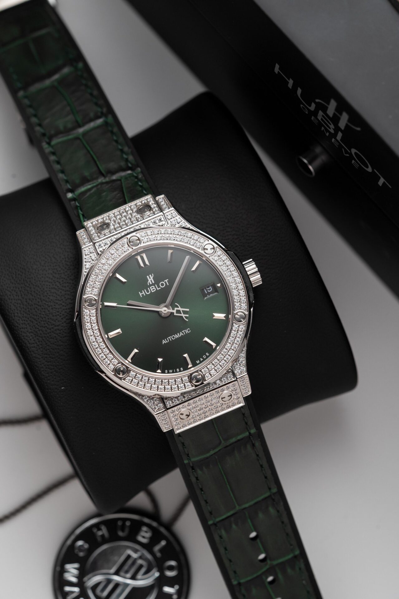 Hublot Classic Fusion Titanium Green Full Diamond Replica Watch 38mm - Elite Watch Atelier