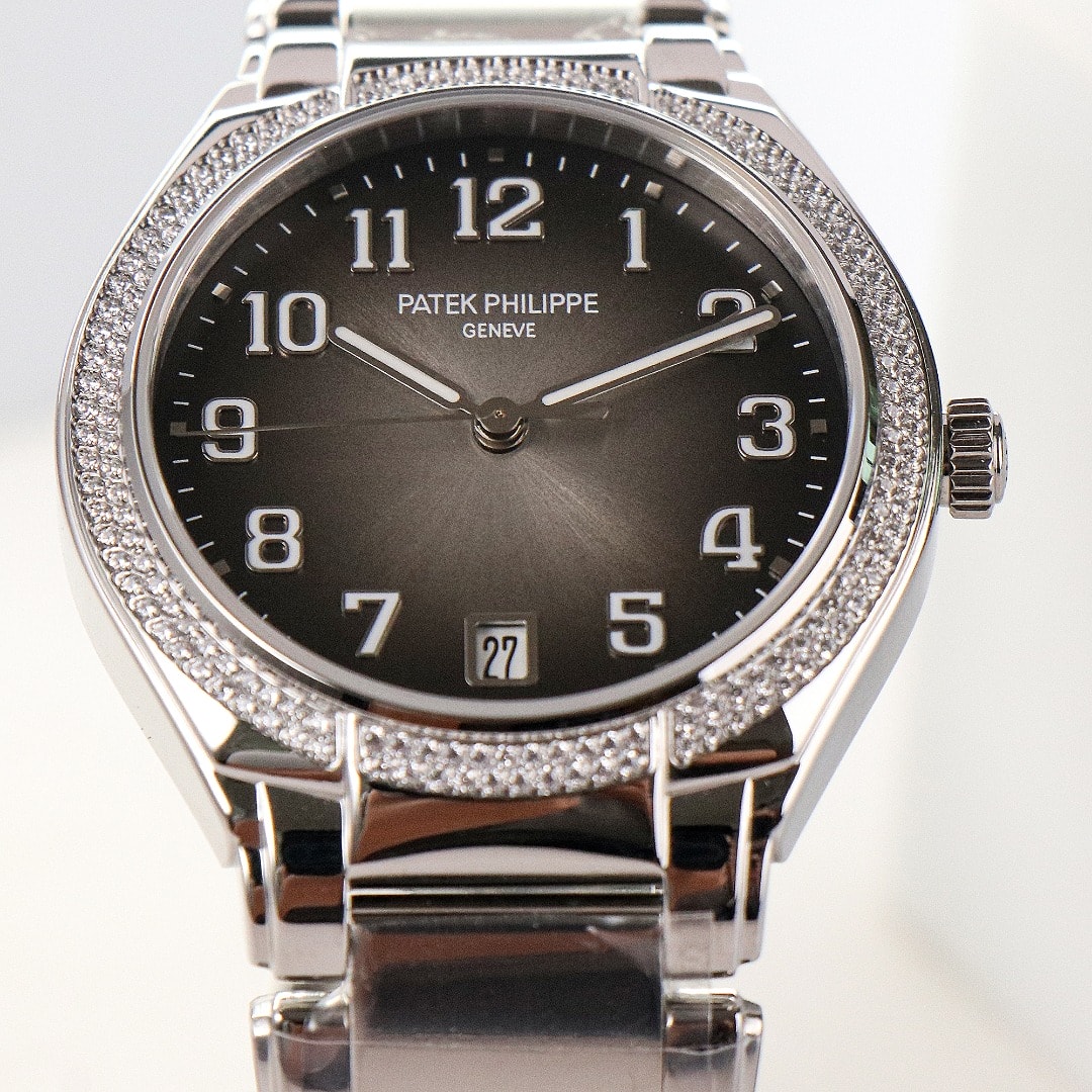 Fake Diamond Watch Replica Patek Philippe Twenty~4 Ladies Stainless Steel Grey Sunburst Dial 7300/1200A-010(1:1 replica) - Top club
