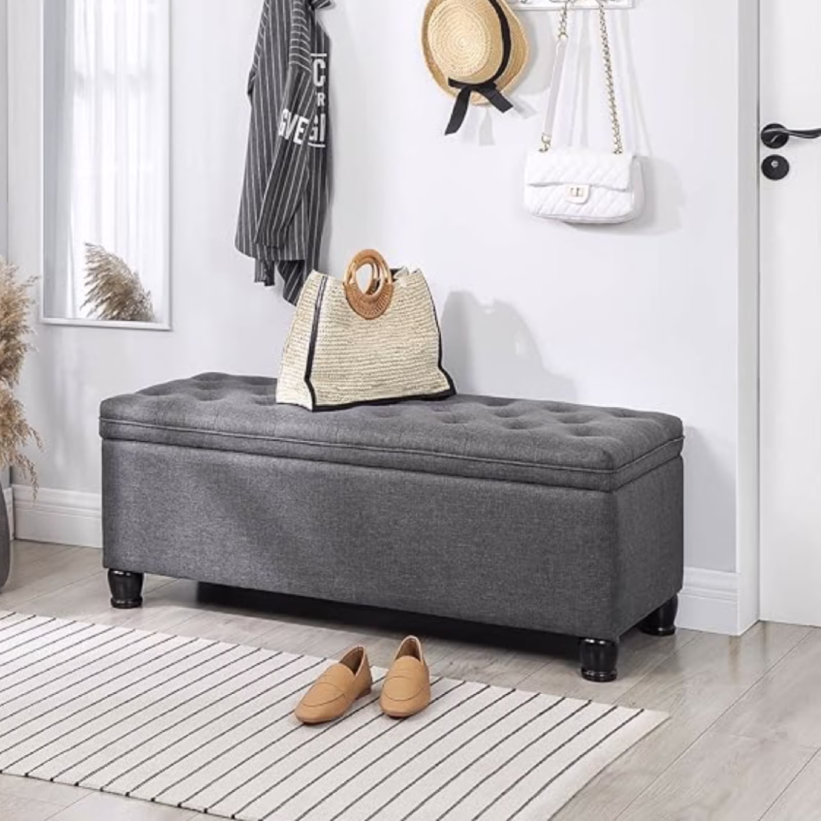 SONGMICS 46.5" Storage Ottoman Bench Storage Bench Bedroom Bench 330lb Load Capacity Solid Wood Legs Light Gray - Image 11