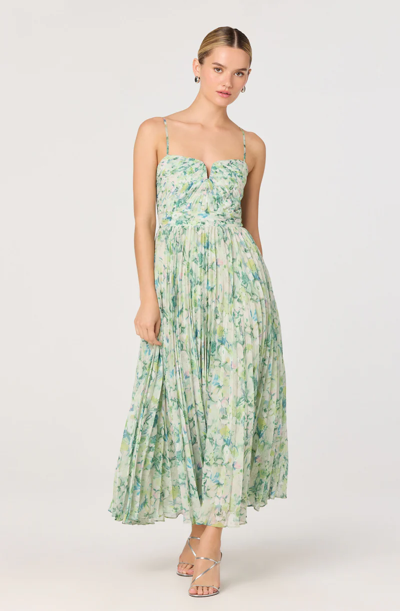 Bayley Floral Pleated Maxi Dress - Green floral