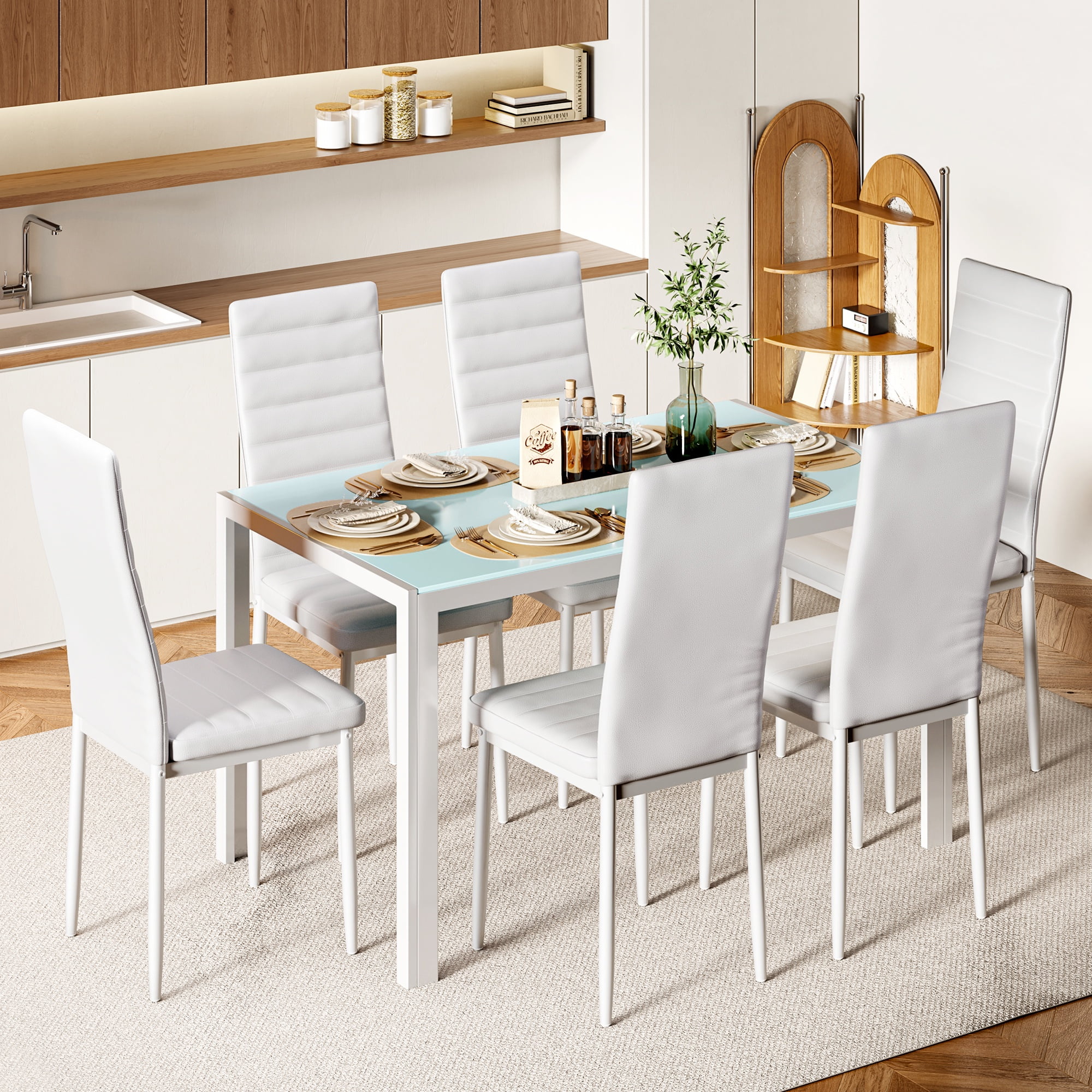 Asofer Modern 7 Piece Dining Table Sets for 6, Glass Kitchen Table, PU Leather Chair, Dining Room, Black - Image 11