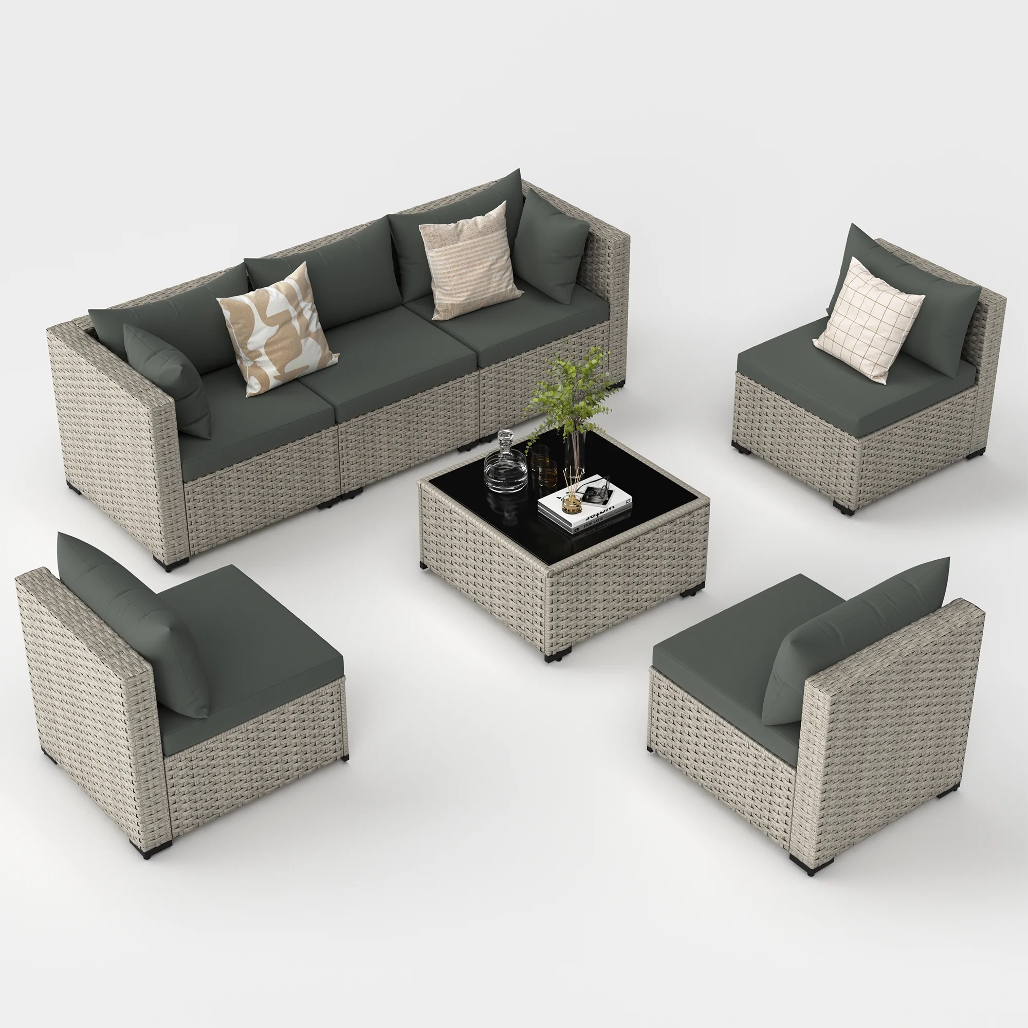 7 Pieces Patio Conversation Set, Outdoor Sectional PE Rattan Wicker Furniture Seat,Dark Gray - Image 11