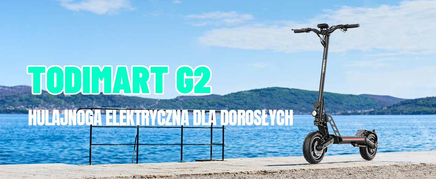 Czarny skuter elektryczny z szerokim pokładem i dużymi kołami, stojący na promenadzie nad jeziorem. Tekst identyfikuje go jako „TODIMART G2” dla dorosłych