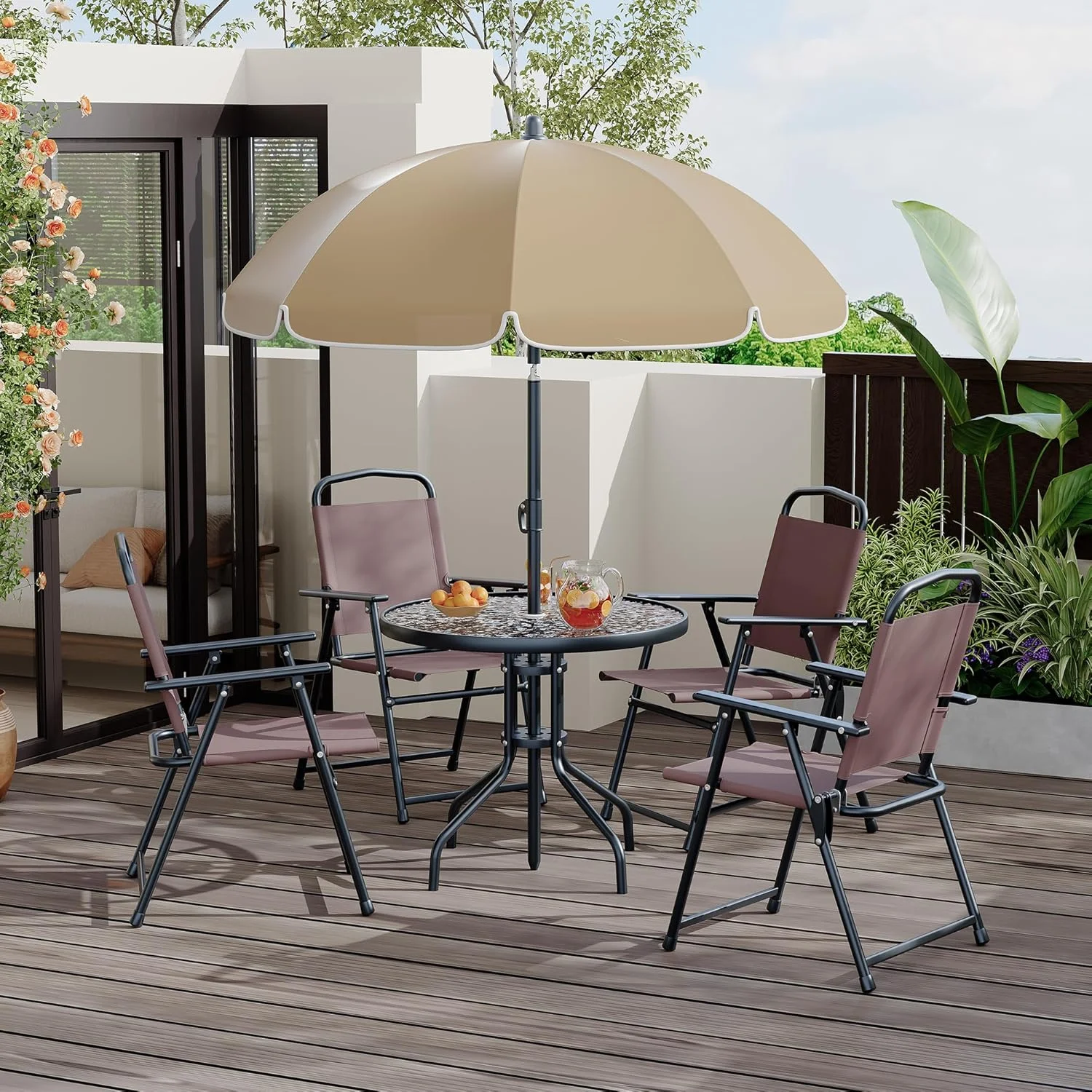 6 Pieces Outdoor Dining Set With Umbrella, Patio Table and 4 Folding Chairs With Umbrella, Garden Patio Furniture Set With Umbrellas, Tempered Glass Top Dining Table - Image 17