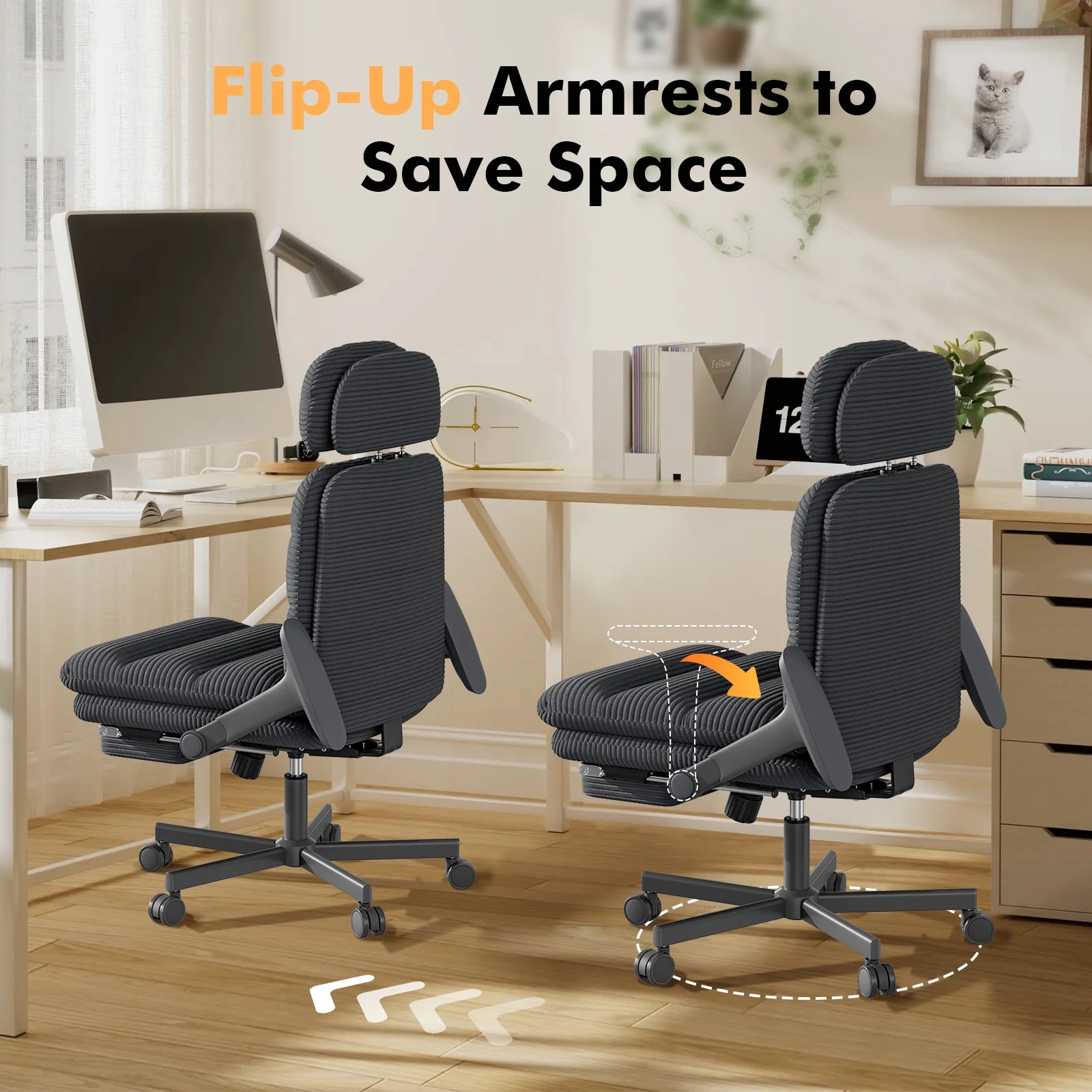 HomeZeer Ergonomic Cross-Legged Office Chair with Footrest & Headrest, Heavy Duty Executive Desk Chair with Flip-up Armrests, Corduroy Fabric Computer Criss Cross Chair for Home Office, Black - Image 4