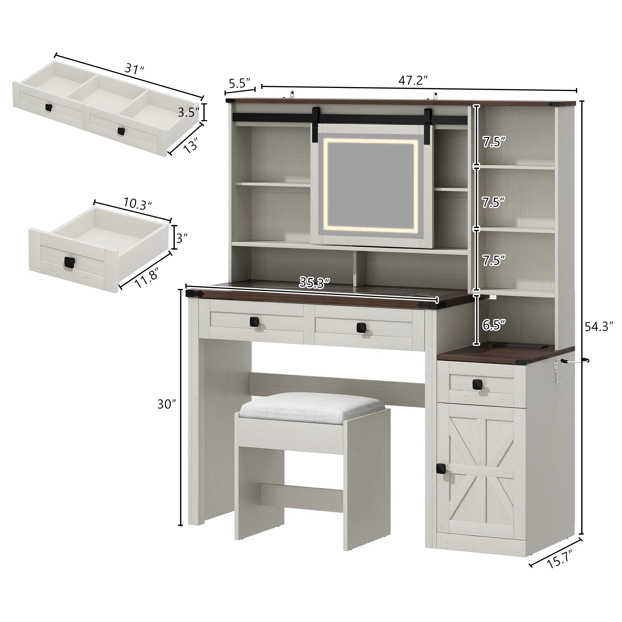 Blotout 47.2" Farmhouse Rustic Makeup Vanity Desk with Sliding Mirror and Lights, Glass Top Vanity Set with Charging Station & 3 Drawers & 1 Cabinet & Stool, Big Vanity (White) - Image 8