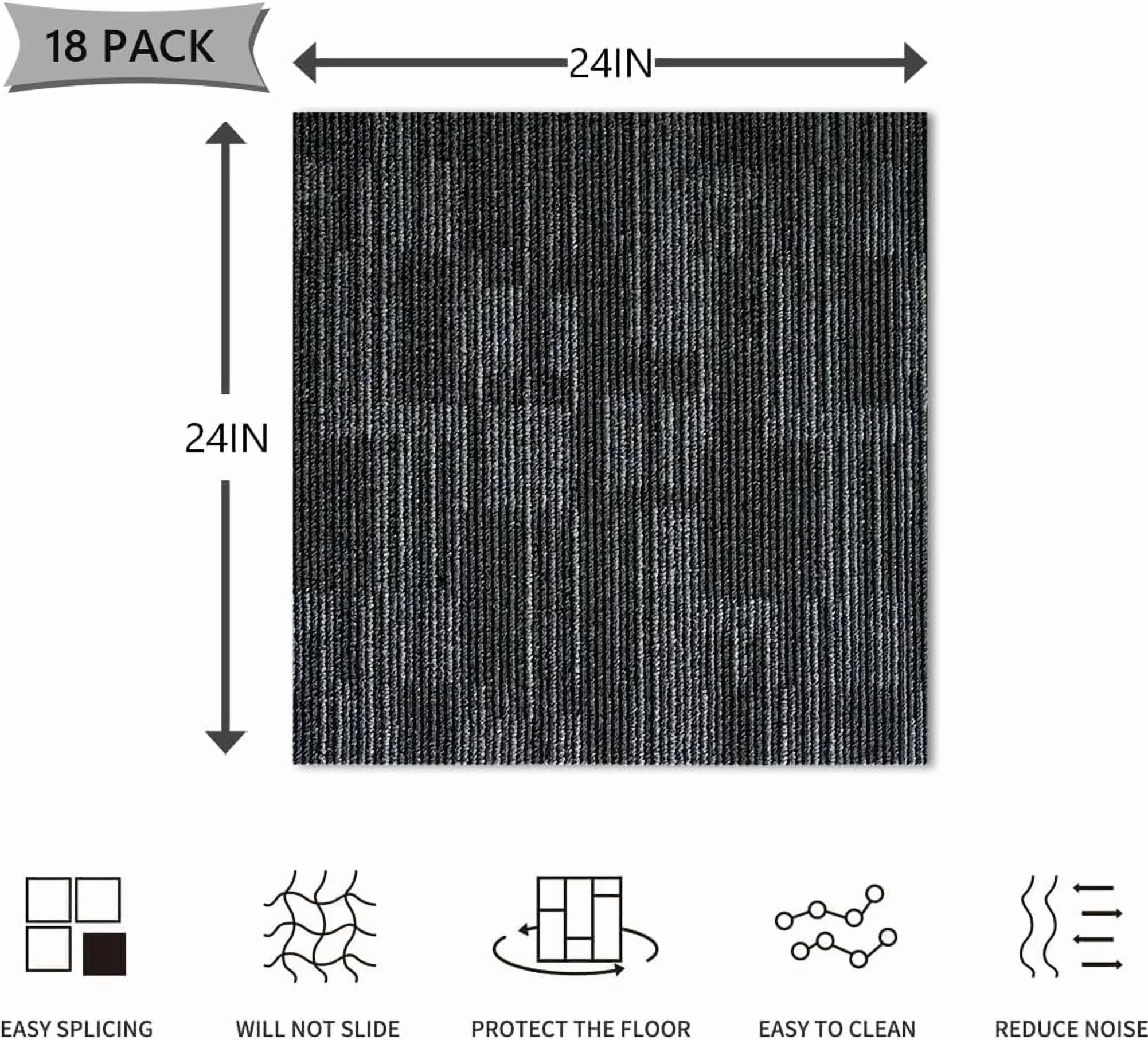 Fas Home Carpet Floor Tiles 24�� x 24�� Commercial Carpet Squares 18 Pcs Peel and Stick Non-Slip Office Soft Tiles DIY Installation for Living Room Bedroom Study Hotel, Dark Gray