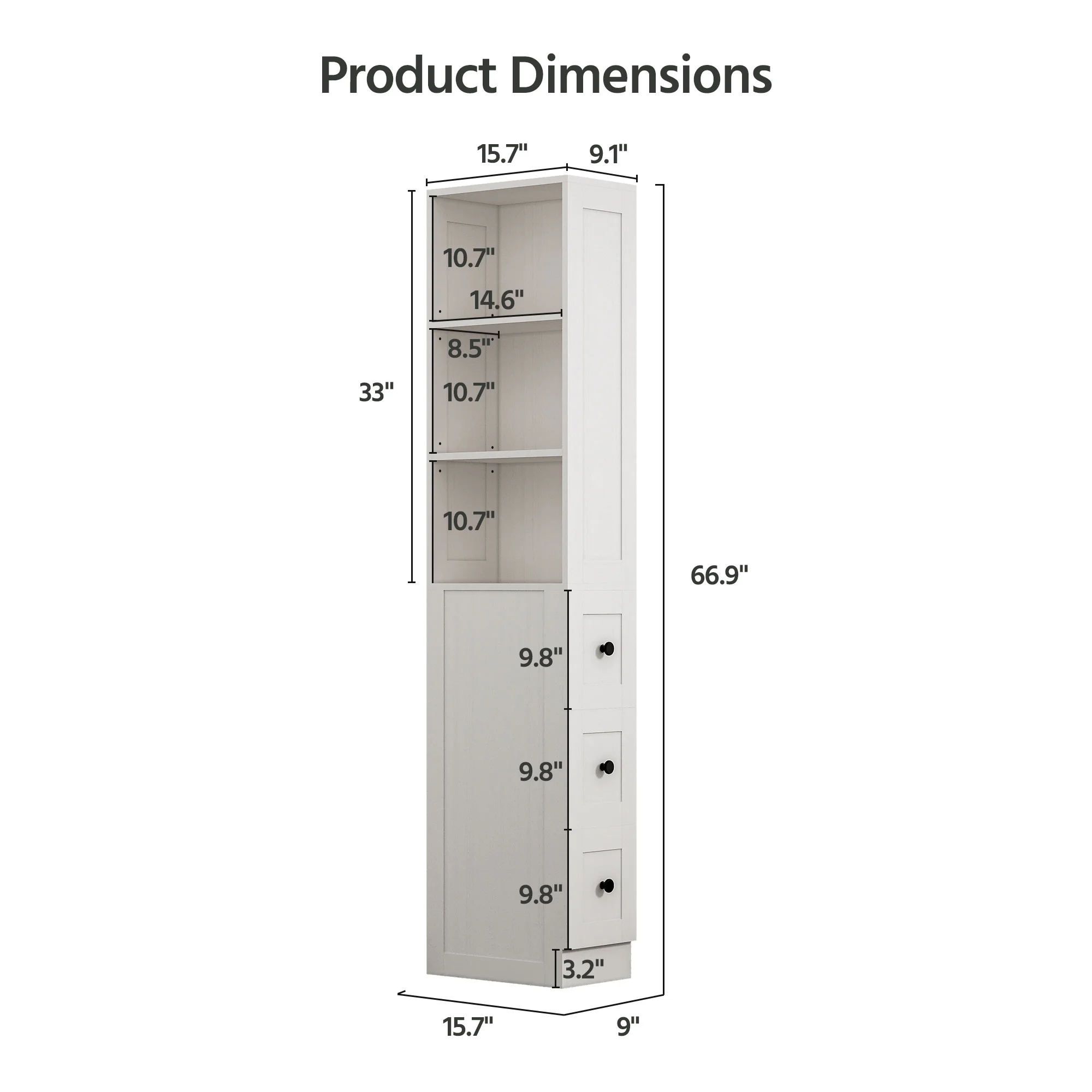 LAUSAINT HOME Bathroom Storage Cabinet, Tall Thin White Storage with 2 Adjustable Shelves & 3-level Drawers for Home, Kitchen - Image 6