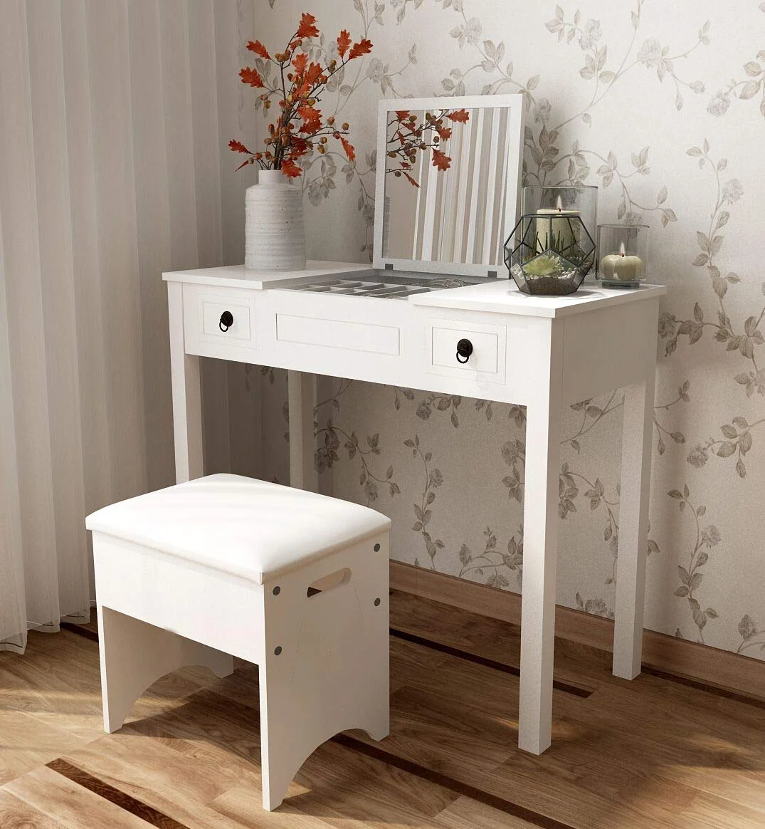 Ktaxon Vanity Set,Flip-top Mirror Dressing Table Makeup Vanity Table Writing Desk with 2 Drawers and Stool, White