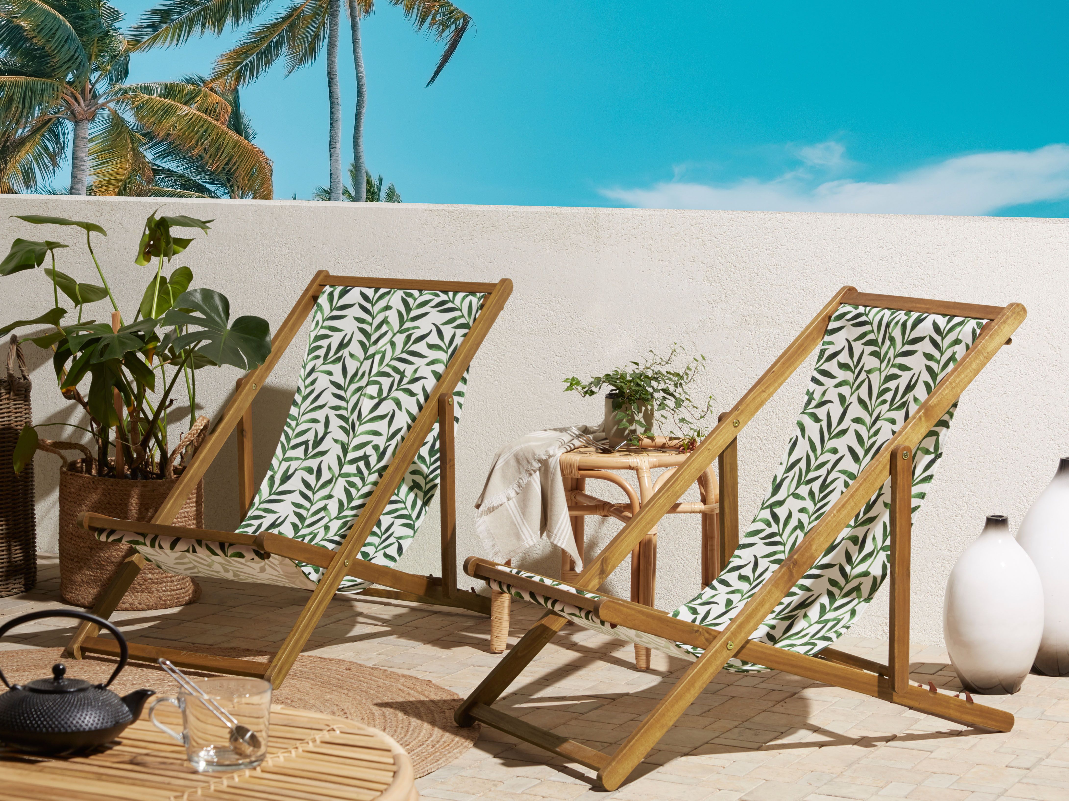 Set of 2 Folding Deck Chairs ANZIO with Replacement Fabrics Floral Motif Acacia Wood Light Brown