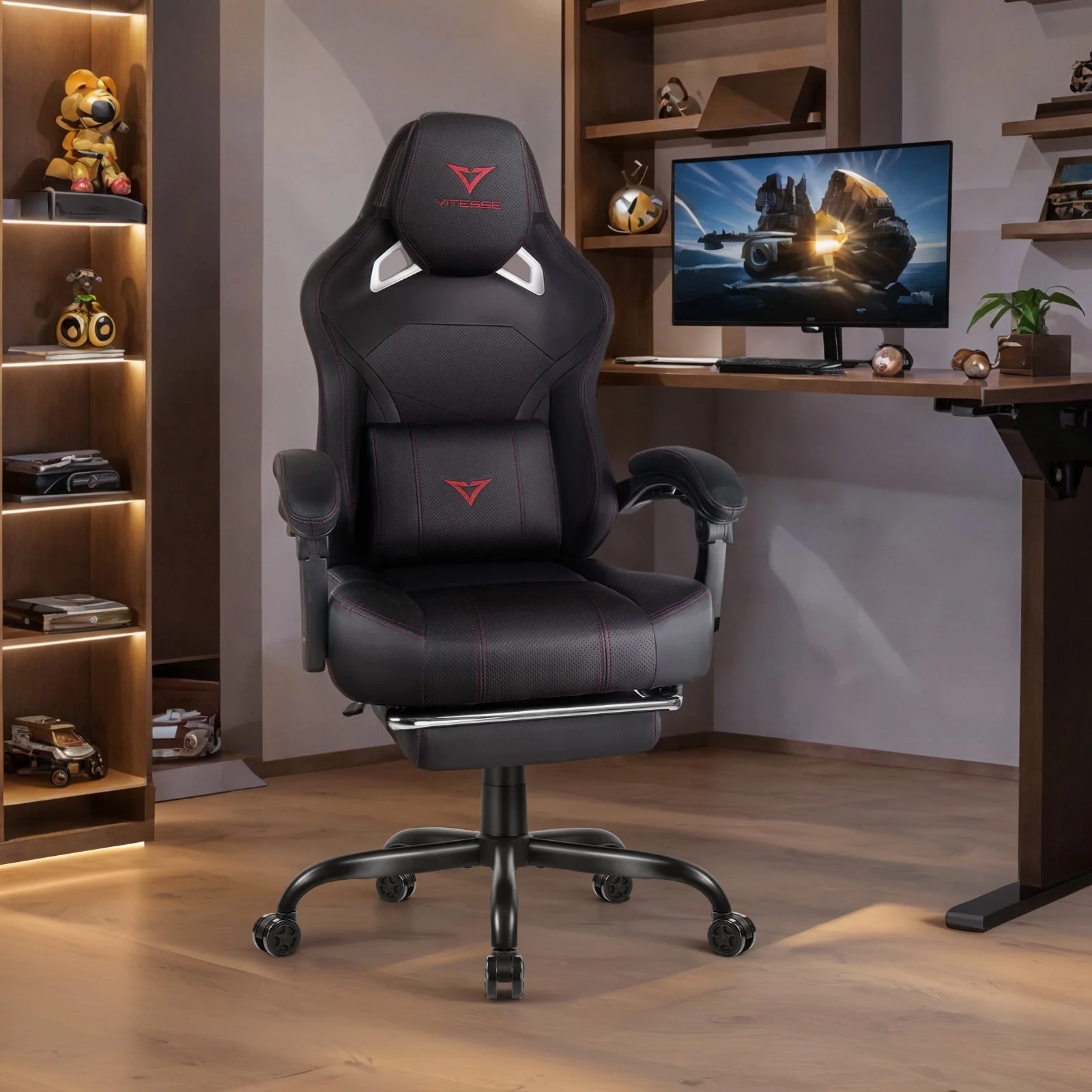 Waleaf Gaming Chair Ergonomic Office Chair with Footrest and Lumbar Support, Height Adjustable High Back Gamer Chair with Headrest for Adult