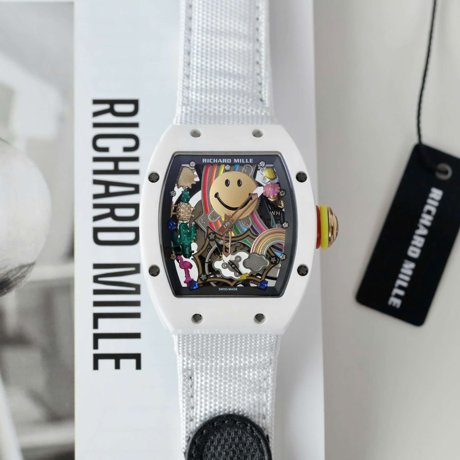 Richard Mille Best Copies Watch RM88 Smiley White Ceramic Fabic Nato Strap 42mm - Top club