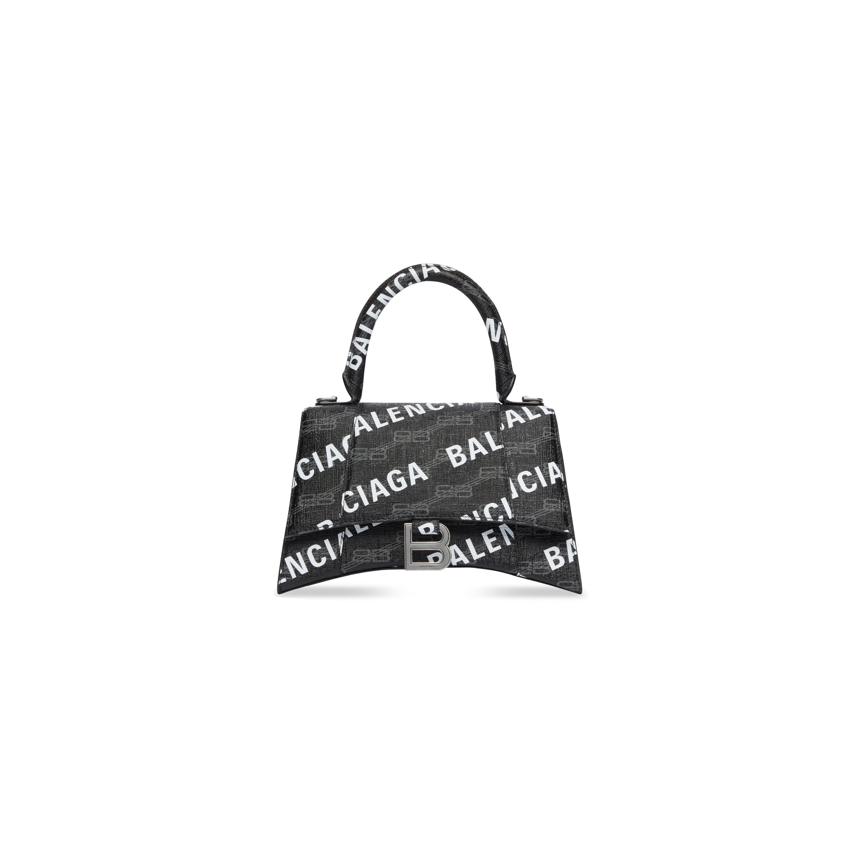 WOMEN'S HOURGLASS SMALL HANDBAG BB MONOGRAM COATED CANVAS AND ALLOVER LOGO IN BLACK - Replicaclubs