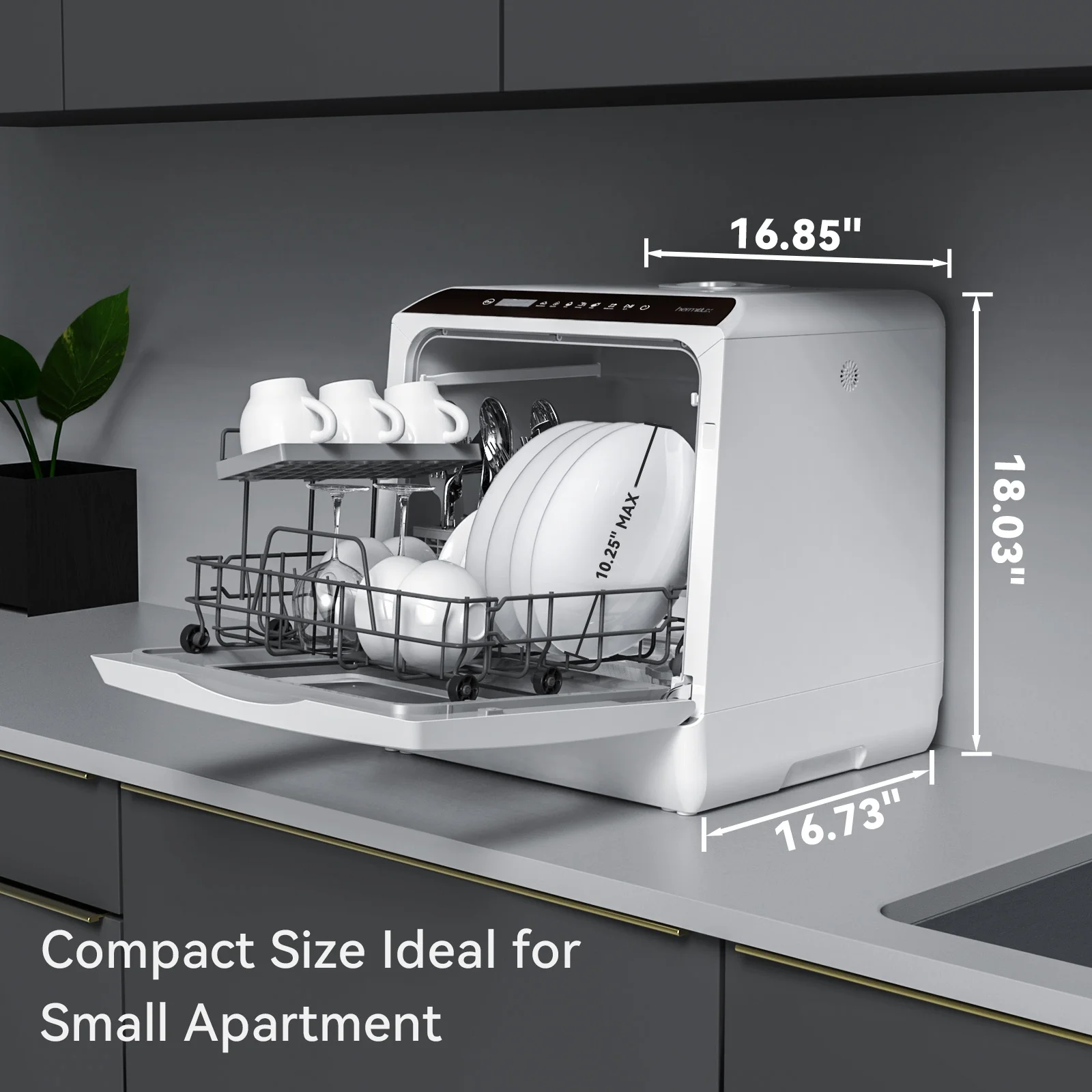 Hermitlux Portable Countertop Dishwasher, 5 Washing Programs, 5L Built-in Water Tank and Air-Dry Function, HMX-DW03