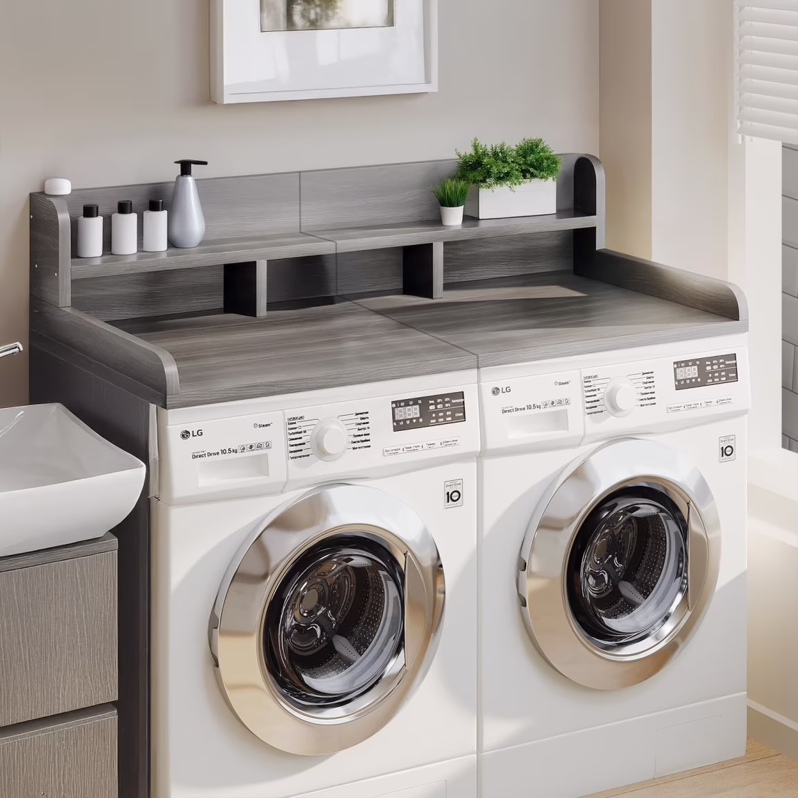 Modern Washer Dryer Countertop with 2-Tier Shelf,Laundry Room Countertop Organization Storage with 2.75" H Guard Edge Rails,Non-Slip Pad,Waterproof and Easy to Clean,54"W x 27.55"D,Natural Wood - Image 3