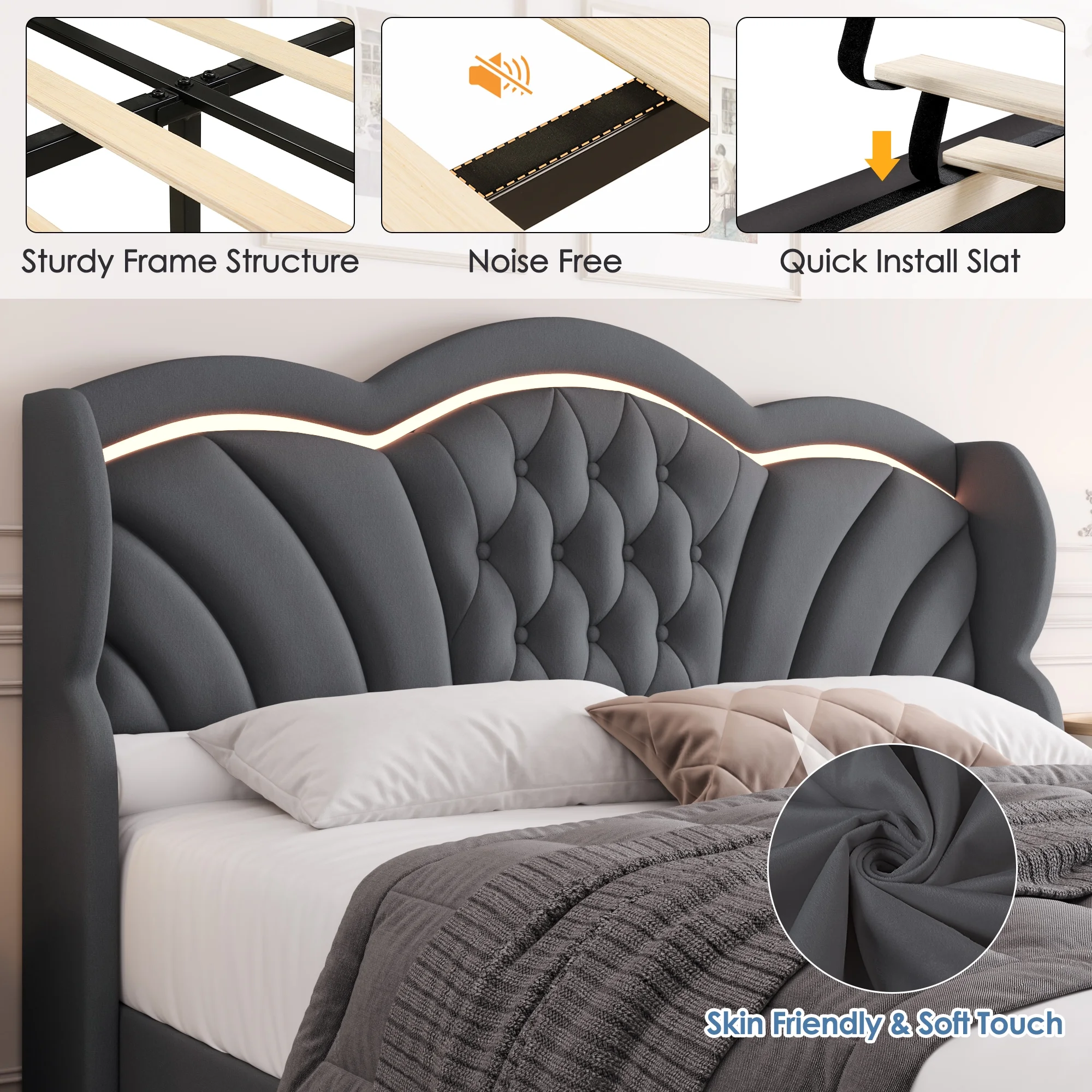 Hiphuta Modern Queen Bed Frame with 2 Drawers, LED Lights Platform Bed Frame, Sturdy Beds Frame with Upholstered Button Tufted Headboard, Velvet White - Image 17