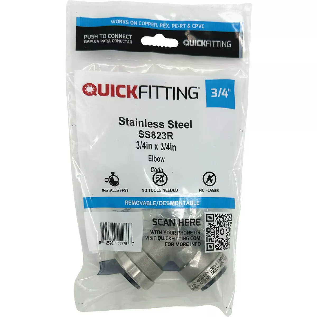 QuickFitting 3/4 In. x 3/4 In. Push-to-Connect Stainless Steel 90-Degree Elbow