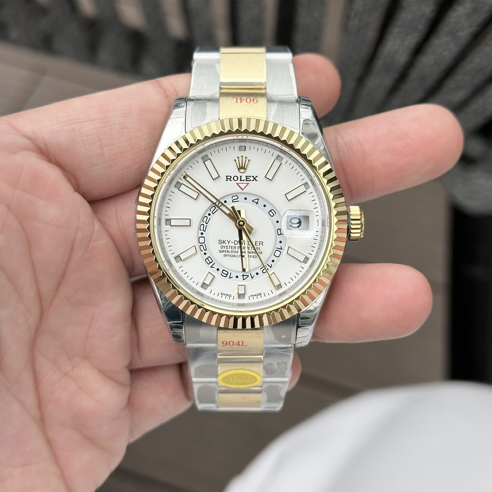 Rolex Sky-Dweller Replica Watch White Dial Demi Oyster Strap Factory N 41mm - Elite Watch Atelier