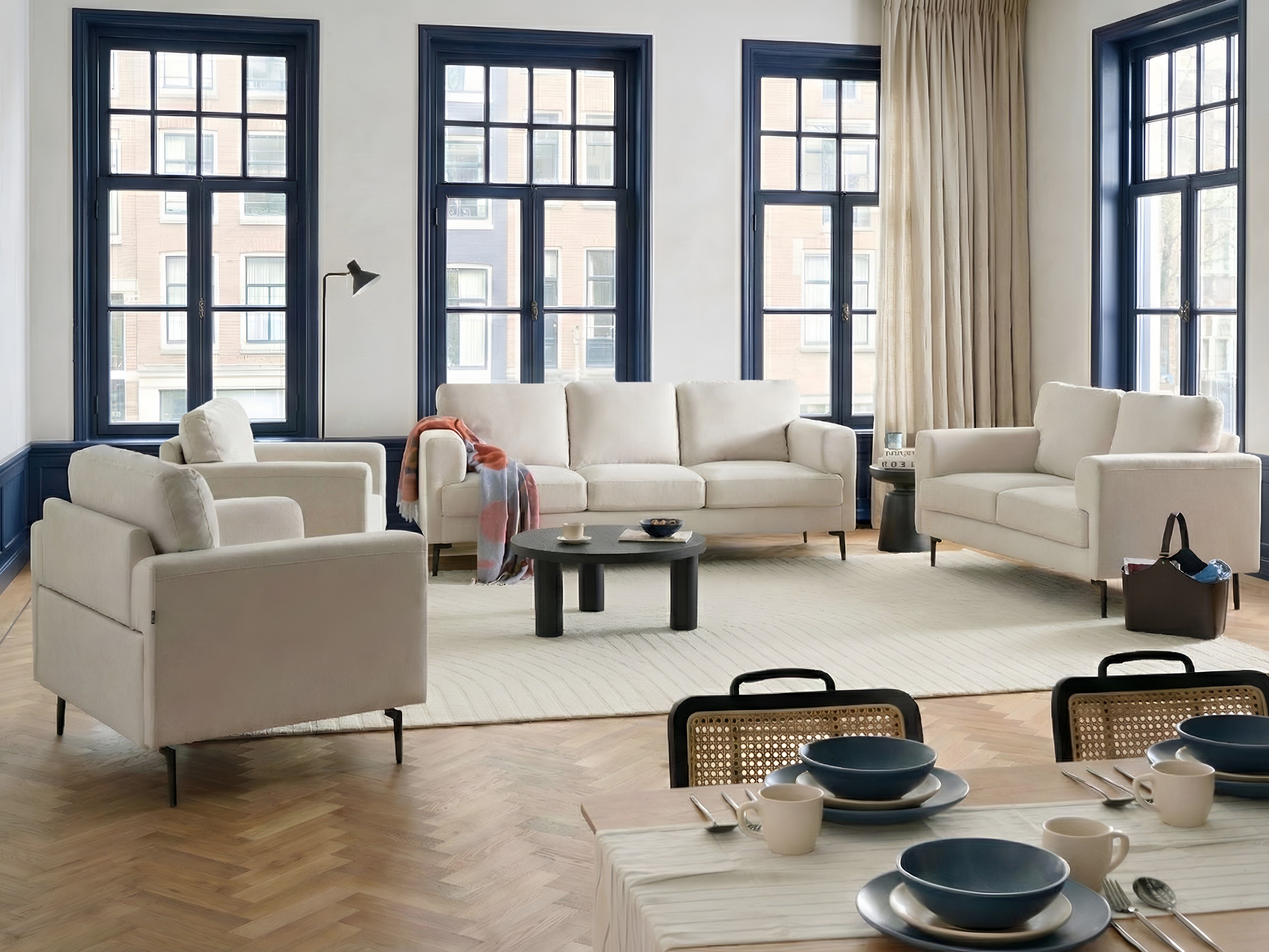 Living Room Set 7 Seater LOUSTO Fabric Light Beige
