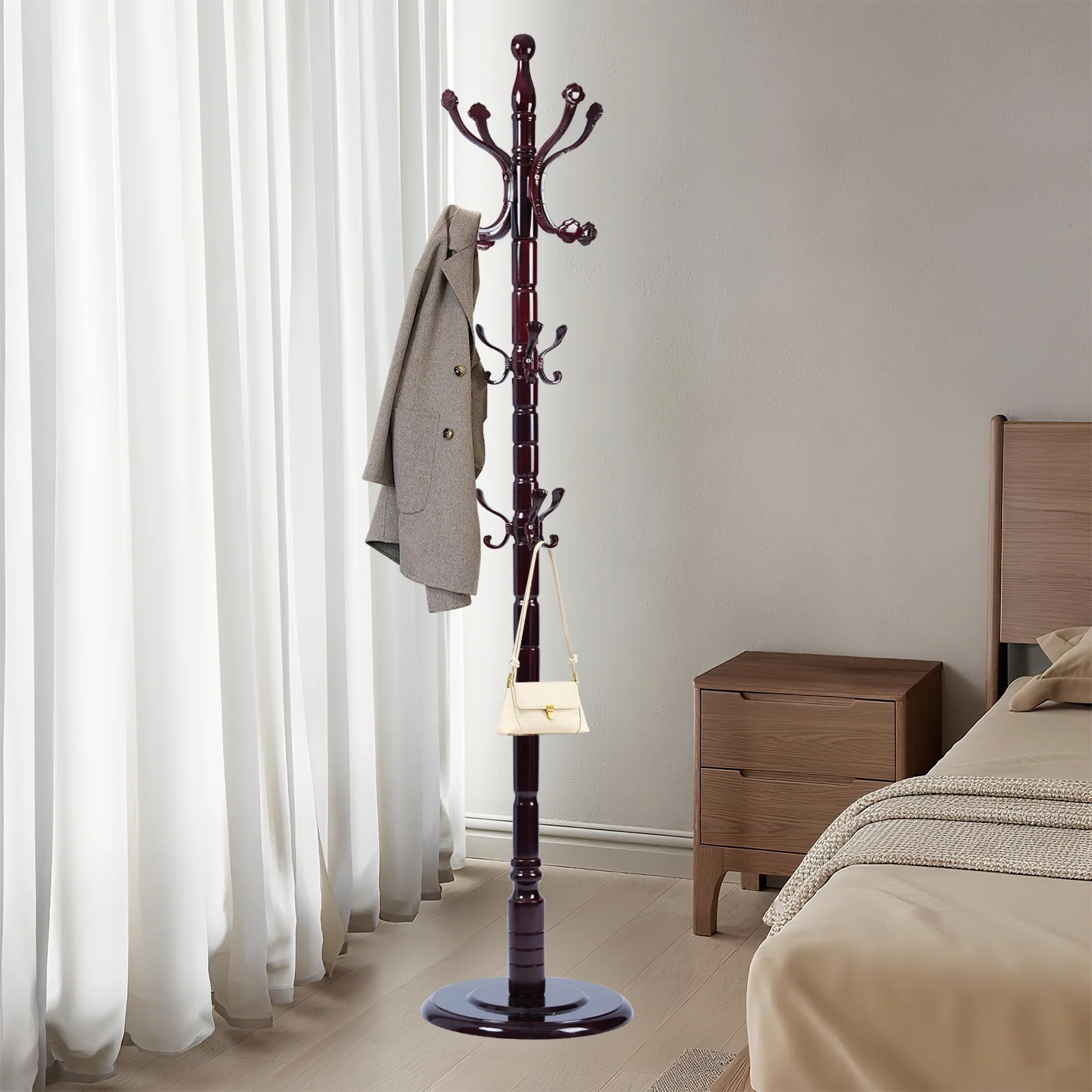 Coat Rack Freestanding, Hall Tree with 11 Hooks, Heavy Duty Wooden Coat Tree Stand, Adjustable Height, Sturdy Base for Bedroom Hallway Office - Load 270lbs - Image 33