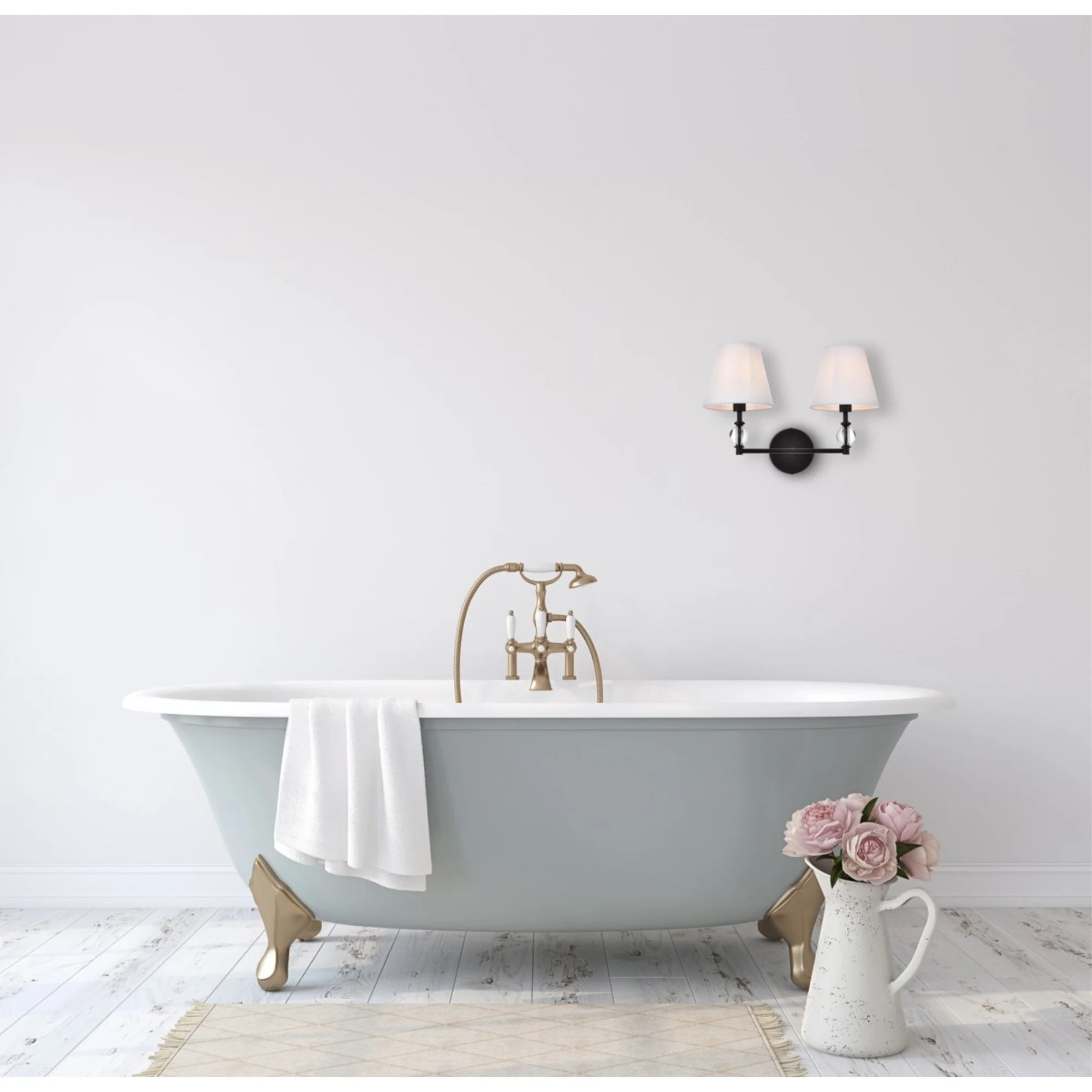 Bethany 2 lights bath sconce in black with white fabric shade